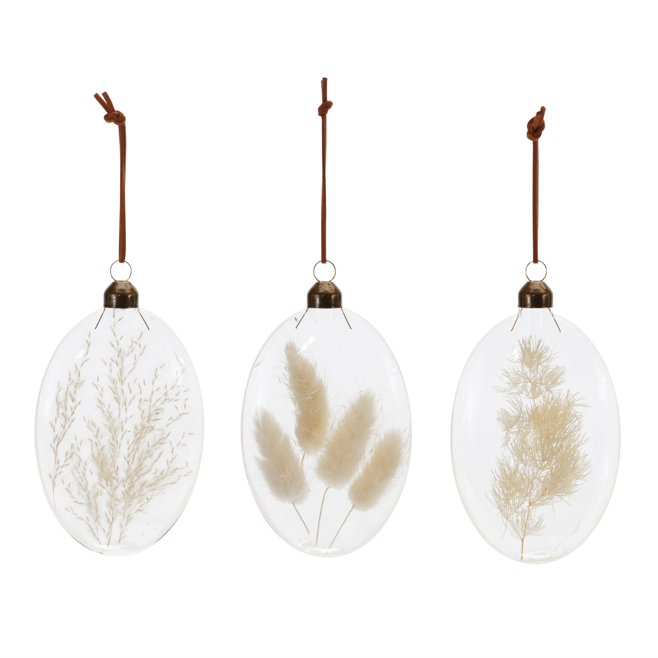 Angle. BreeBe - Natural Dried Floral Glass Ornament (Set of 12) - White, Beige.