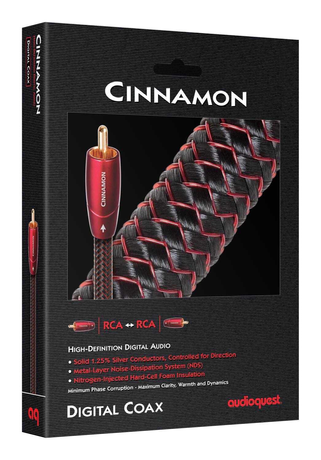DIGITAL COAX  
CINNAMON  
RCA → RCA  
09 HIGH-DEFINITION DIGITAL AUDIO  
- Solid 1.25% Silver Conductors  
- Noise-Dissipation System (NDS)  
- Metal-Layer Insulation  
- Nitrogen-Injected Hard-Cell Foam  
- Minimum Phase Corruption  
- Maximum Clarity, Warmth and Dynamics  

audioquest