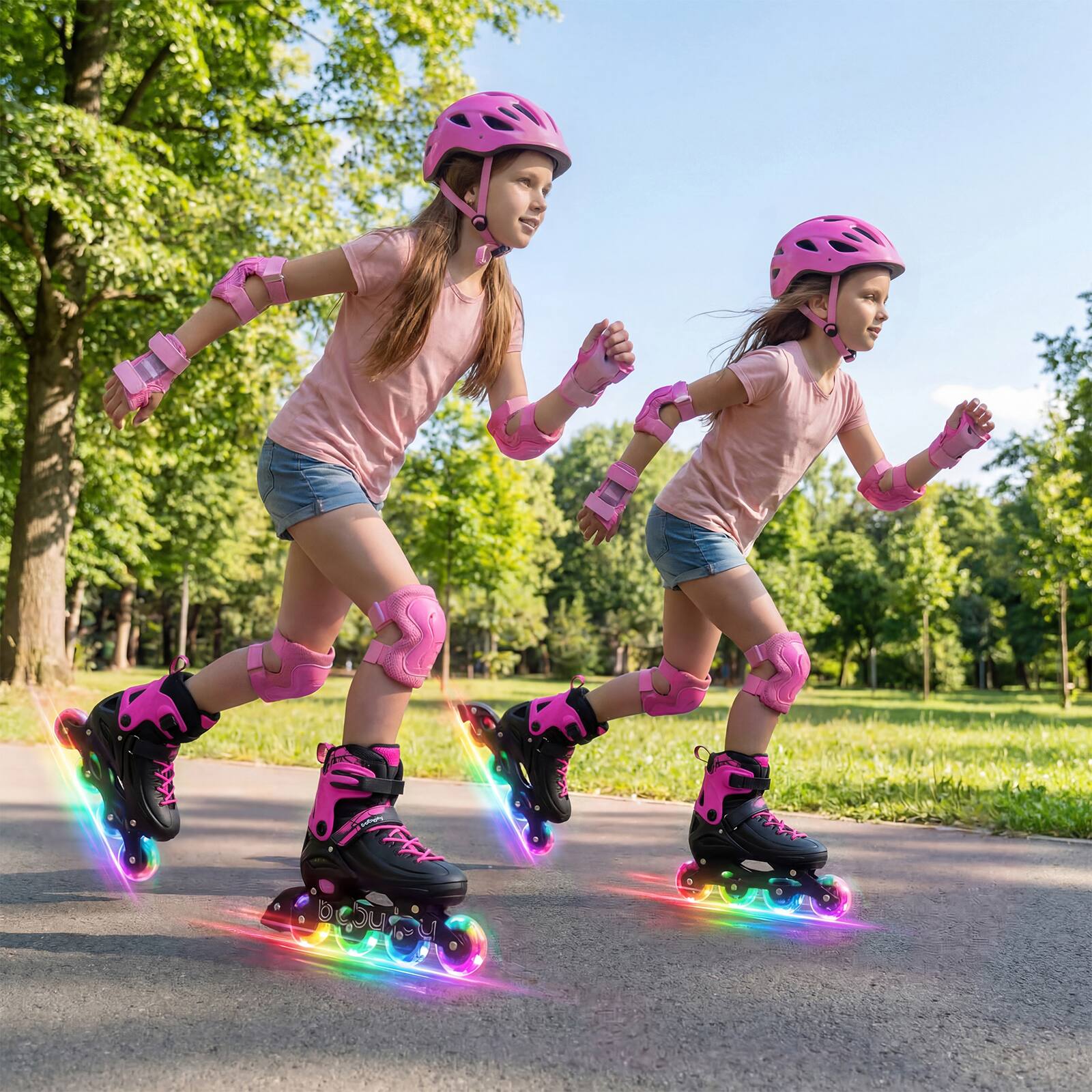Alt View 2. Costway - Costway Kids Inline Skates, Adjustable Light-Up Roller Skates with Illuminating Wheels - Pink.