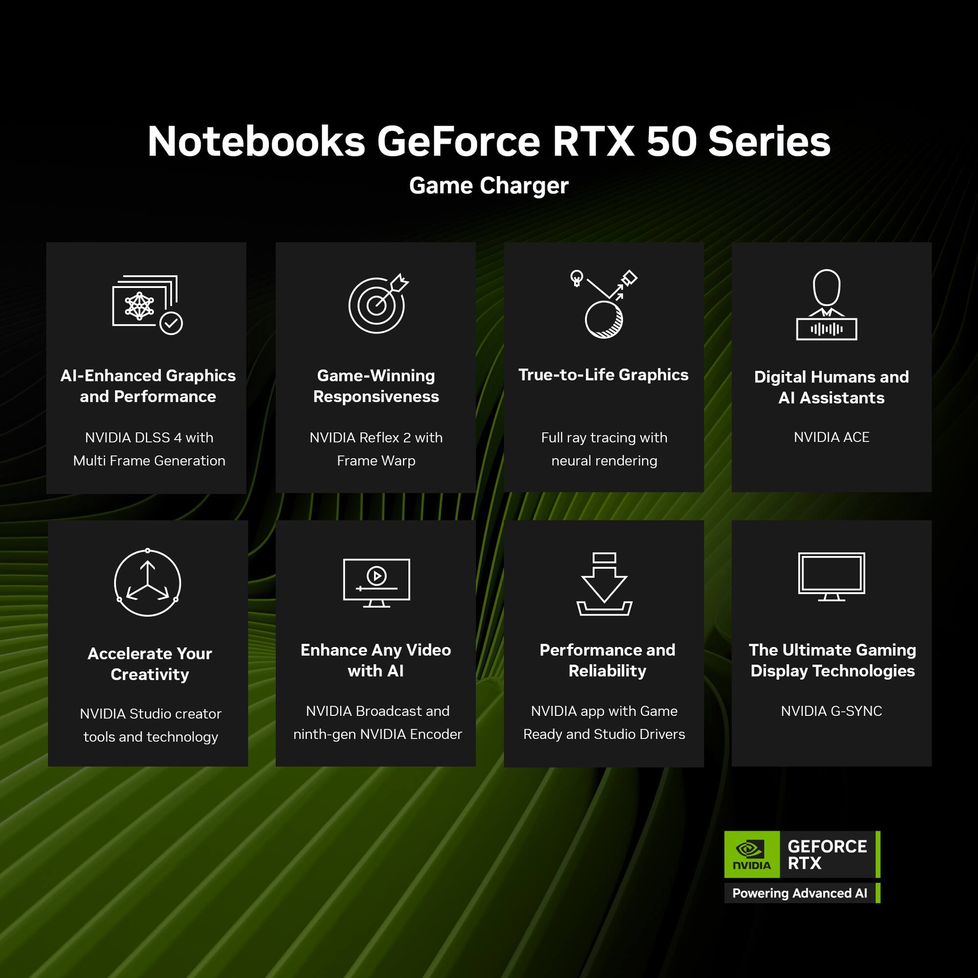 Notebooks GeForce RTX 50 Series Game Charger

- AI-Enhanced Graphics and Performance
  - NVIDIA DLSS 4 with Multi Frame Generation

- Game-Winning Responsiveness
  - NVIDIA Reflex 2 with Frame Warp

- True-to-Life Graphics
  - Full ray tracing with neural rendering

- Digital Humans and AI Assistants
  - NVIDIA ACE

- Accelerate Your Creativity
  - NVIDIA Studio creator tools and technology

- Enhance Any Video with AI
  - NVIDIA Broadcast and ninth-gen NVIDIA Encoder

- Performance and Reliability
  - NVIDIA app with Game Ready and Studio Drivers

- The Ultimate Gaming Display Technologies
  - NVIDIA G-SYNC

GEFORCE RTX
Powering Advanced AI