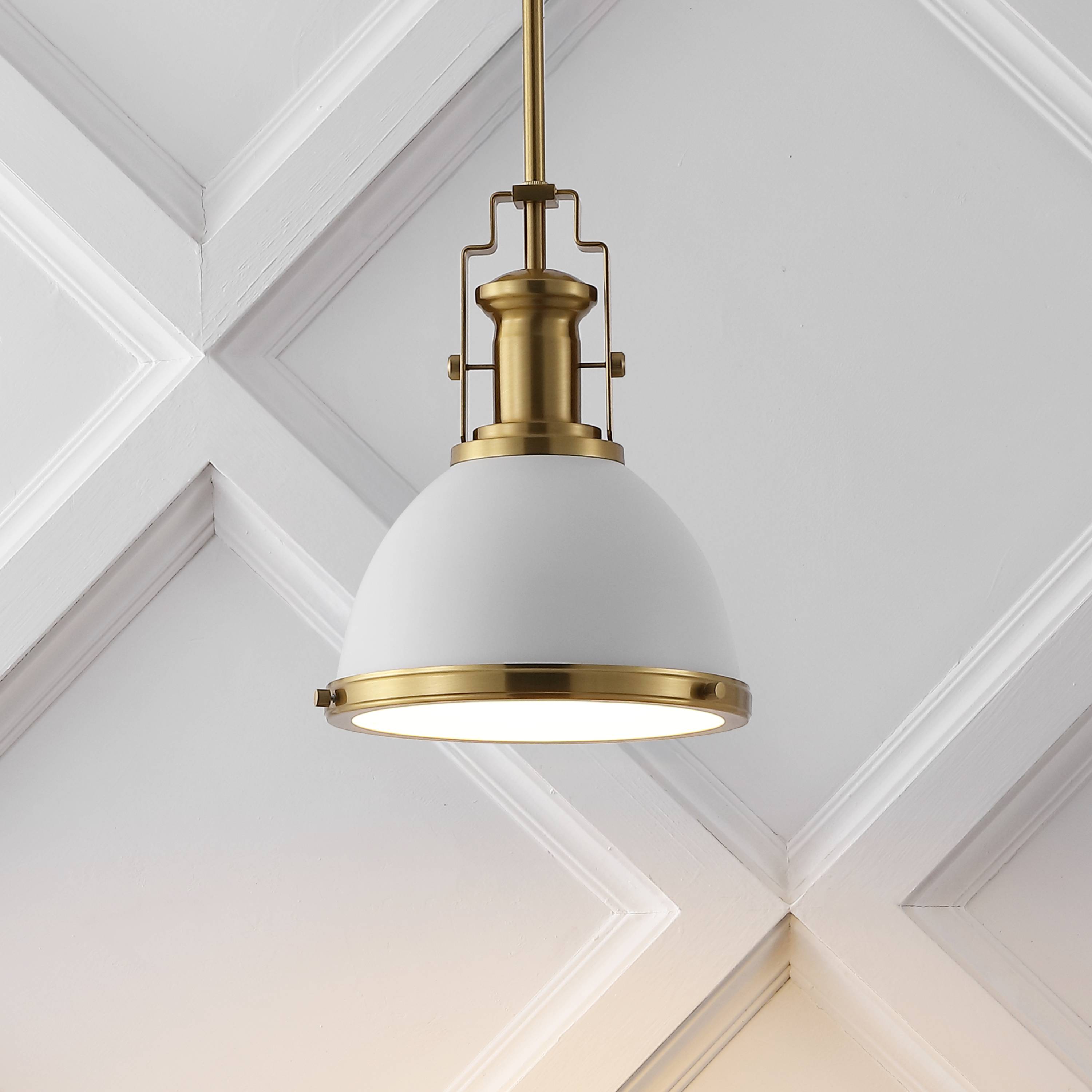 Alt View 1. Jonathan Y - Homer 10" 1-Light Modern Industrial Metal LED Dome Pendant, White/Brass Gold - White/Brass Gold.