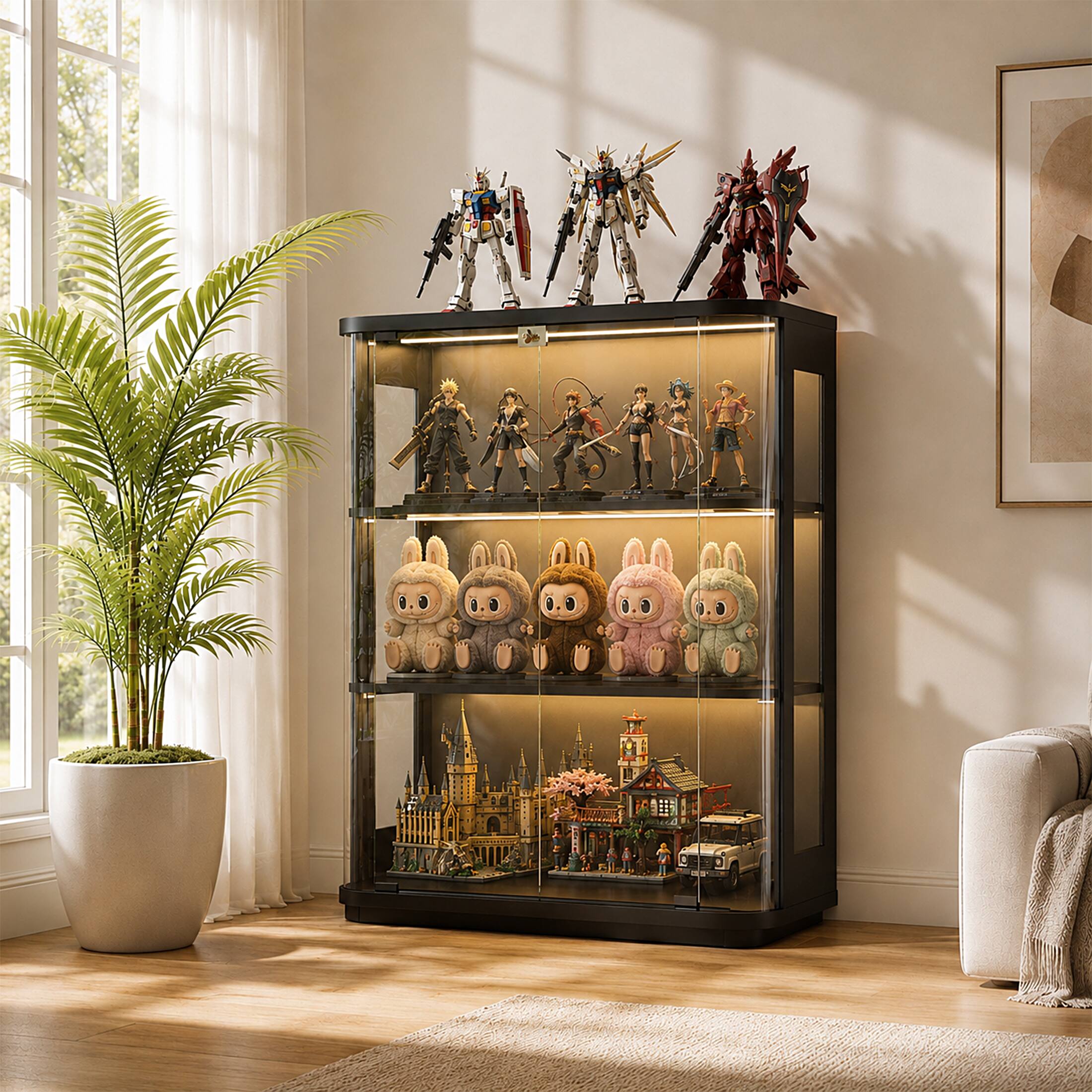 Alt View 1. Skyzoo - Skyzoo Rounded Glass Display Cabinet with Lights, Curio Cabinets with Glass Doors, Black - Black.