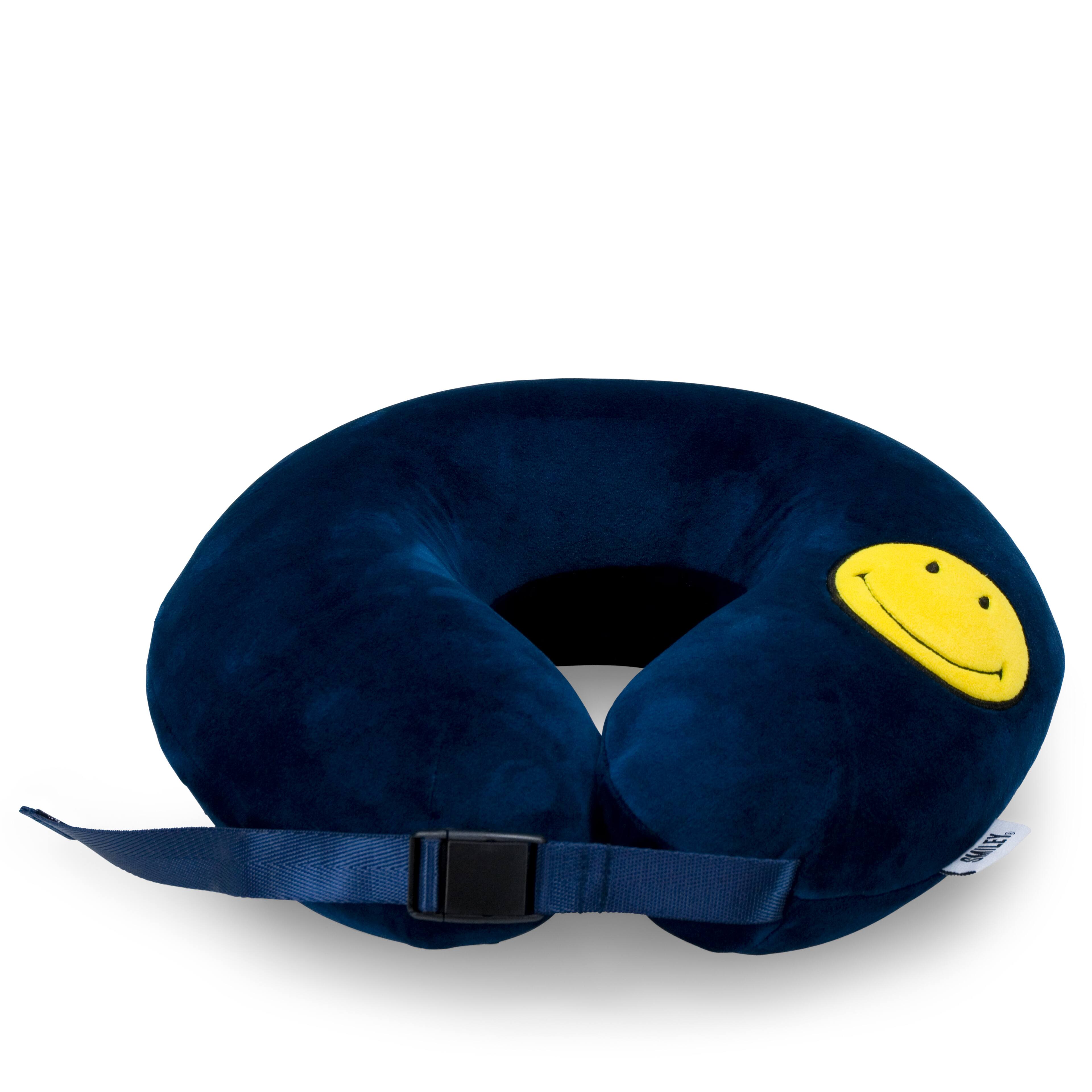 Left. Smiley World - SMILEY Navy Smiley Patch Marshmallow Memory Foam Travel Pillow - Navy.
