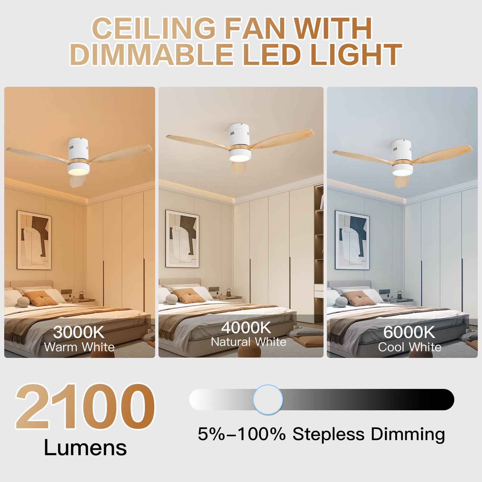 CEILING FAN WITH DIMMABLE LED LIGHT

3000K Warm White  
4000K Natural White  
6000K Cool White  

2100 Lumens  
5%-100% Stepless Dimming