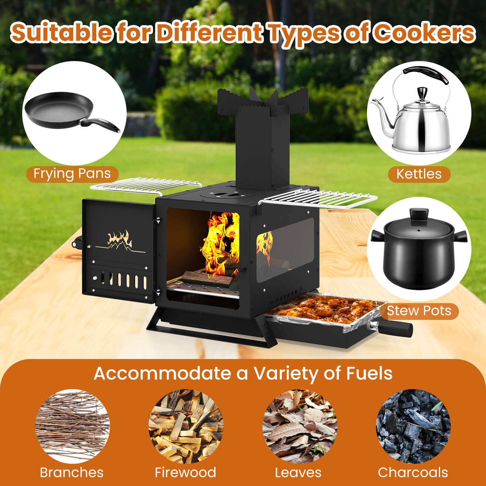 Suitable for Different Types of Cookers  
- Frying Pans  
- Kettles  
- Stew Pots  

Accommodate a Variety of Fuels  
- Branches  
- Firewood  
- Leaves  
- Charcoals