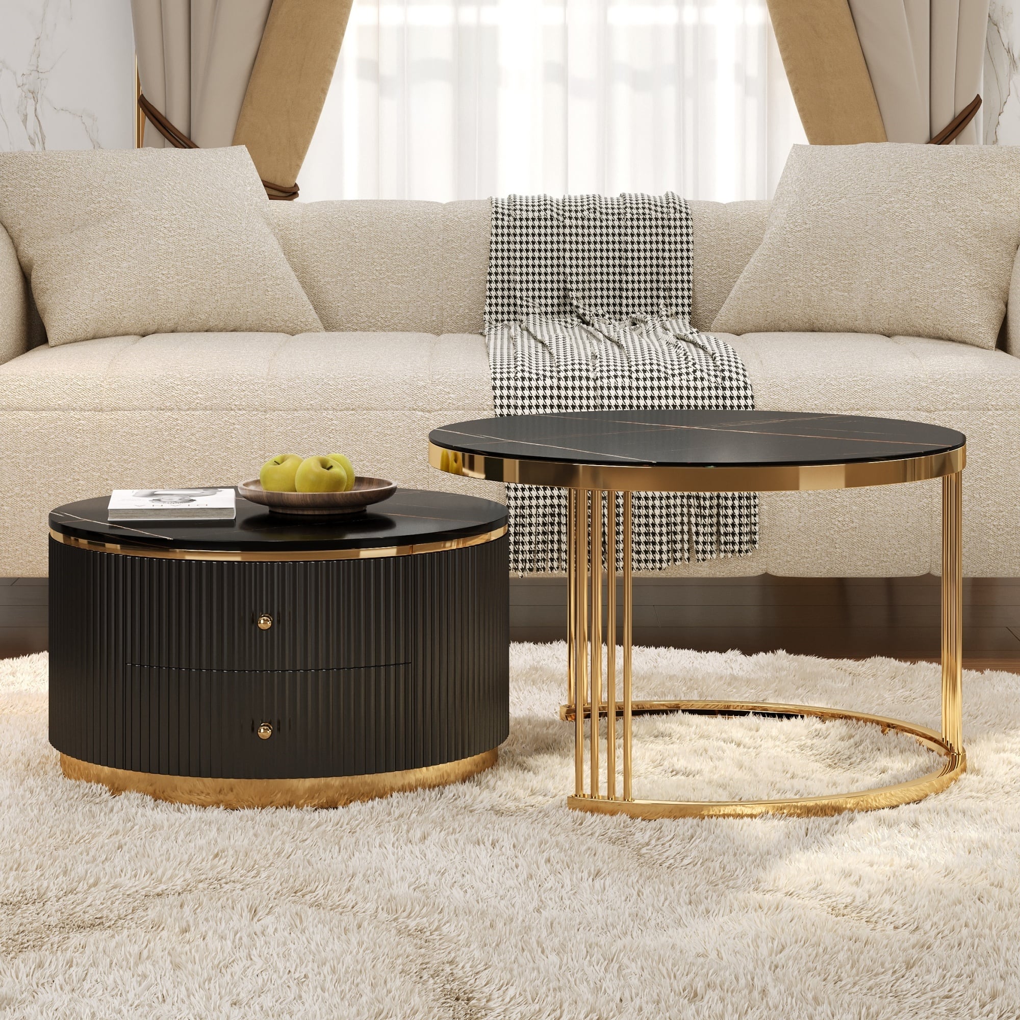 Loheer - Modern 2-Piece Round Nesting Coffee Table with Drawers, Space-Saving Design & Hidden Storage, 27.6" - Black