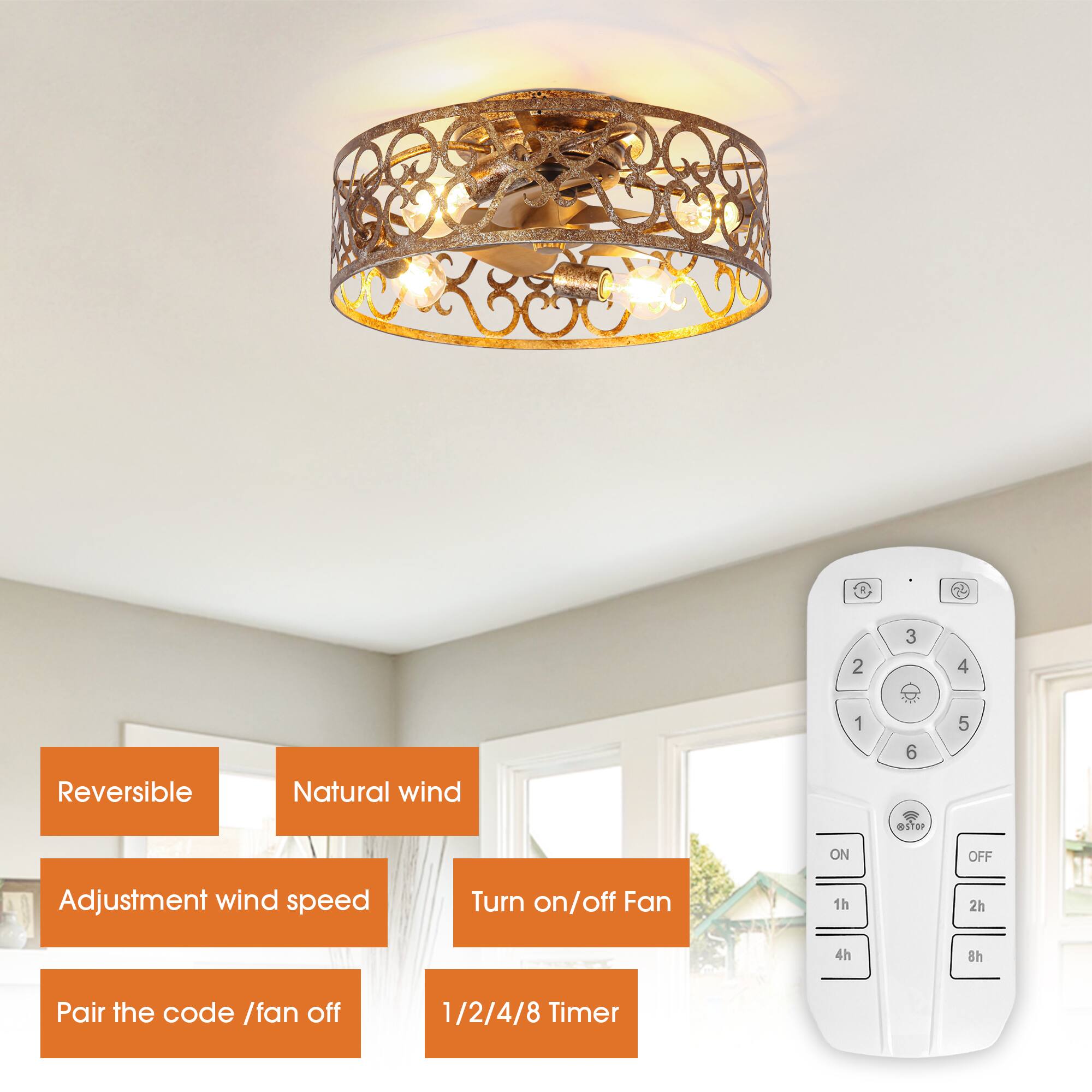 - Reversible
- Natural wind
- Adjustment wind speed
- Turn on/off Fan
- Pair the code / fan off
- 1/2/4/8 Timer
- 1h
- 2h
- 4h
- 8h