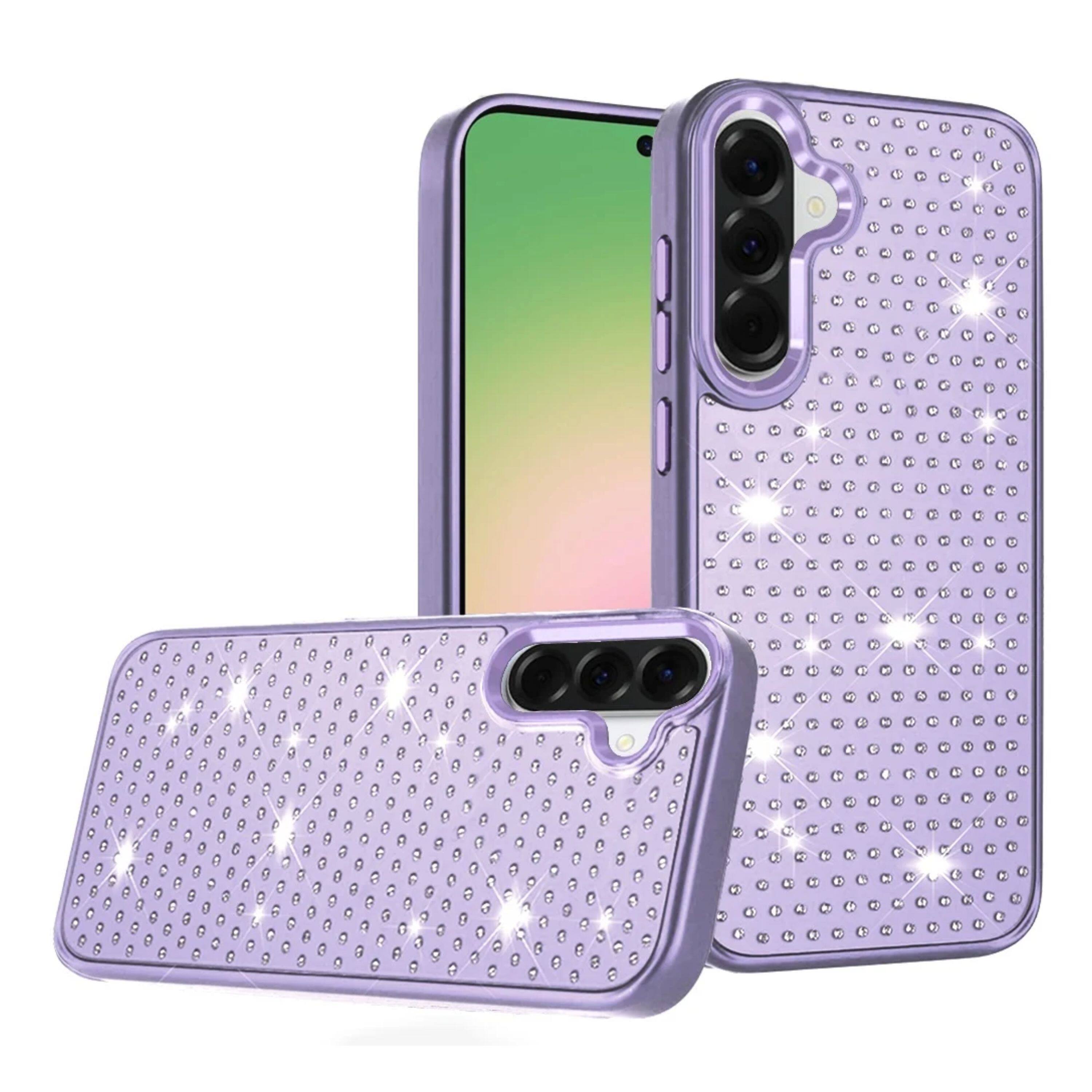 Angle. Kitcheniva - Faux Crystals Chrome Plated Cover Phone Case With Tempered Glass For Samsung Galaxy A57 5G Purple - Purple.
