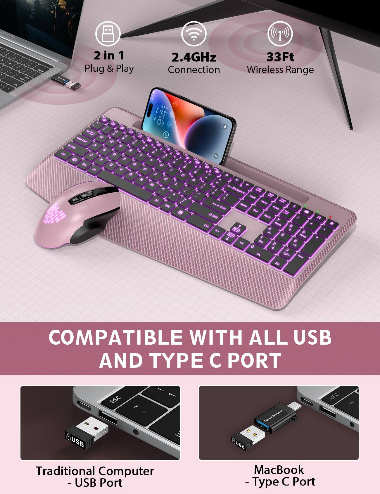 2 in 1 Plug & Play  
2.4GHz Connection  
33Ft Wireless Range  

COMPATIBLE WITH ALL USB AND TYPE C PORT  

Traditional Computer - USB Port  
MacBook - Type C Port