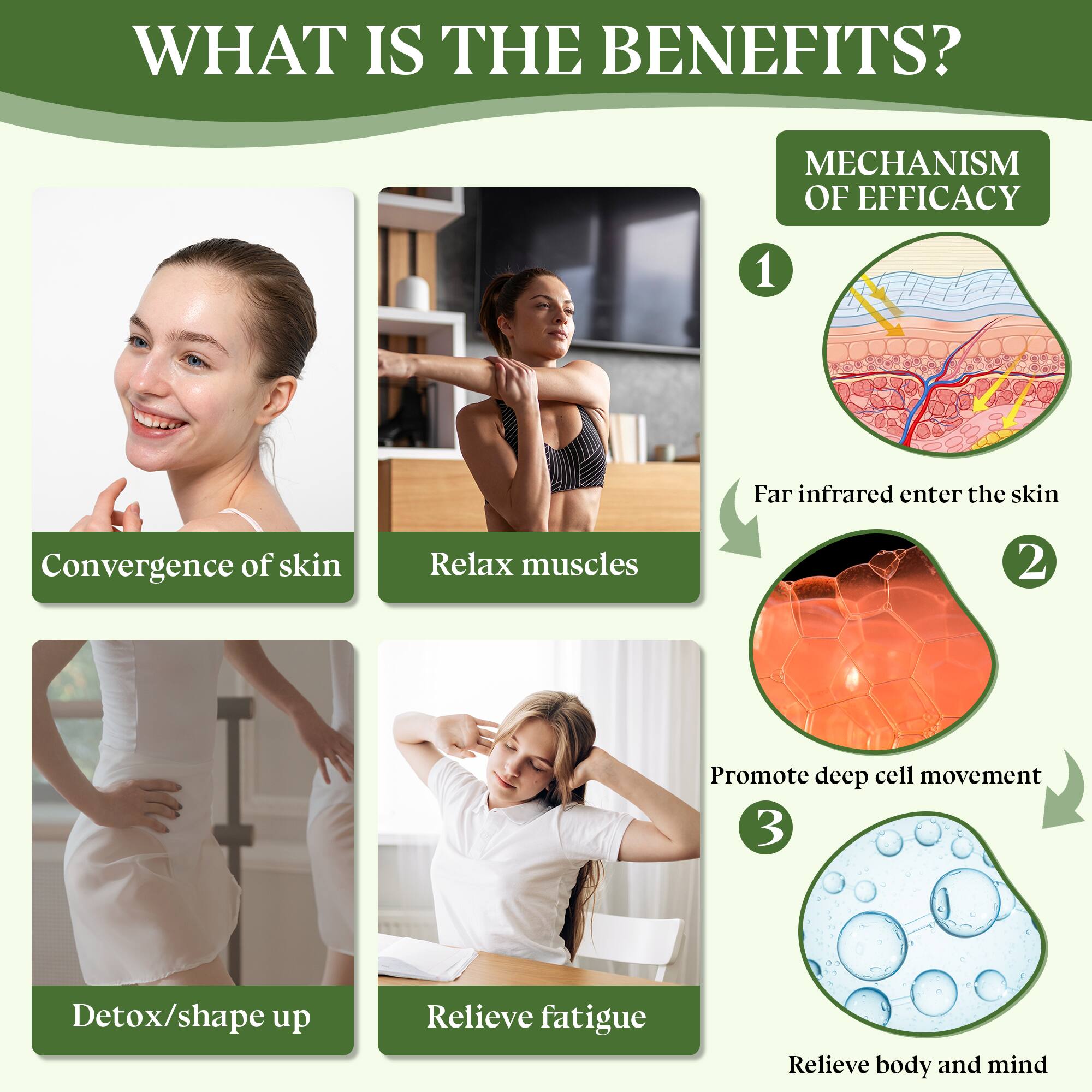 **WHAT IS THE BENEFITS?**

- Convergence of skin
- Relax muscles
- Detox/shape up
- Relieve fatigue

**MECHANISM OF EFFICACY**

1. Far infrared enter the skin
2. Promote deep cell movement
3. Relieve body and mind