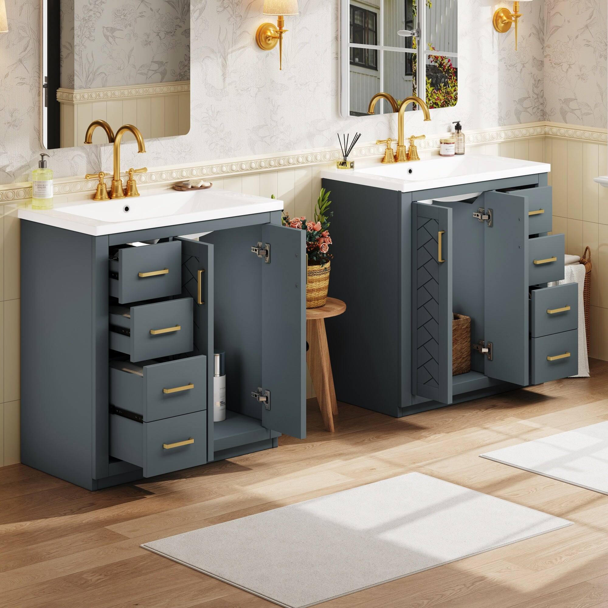 Alt View 5. Boyel Living - 24 Inch Freestanding Bathroom Vanity with Ceramic Sink Three Drawers Solid Wood Frame Blue - Blue.