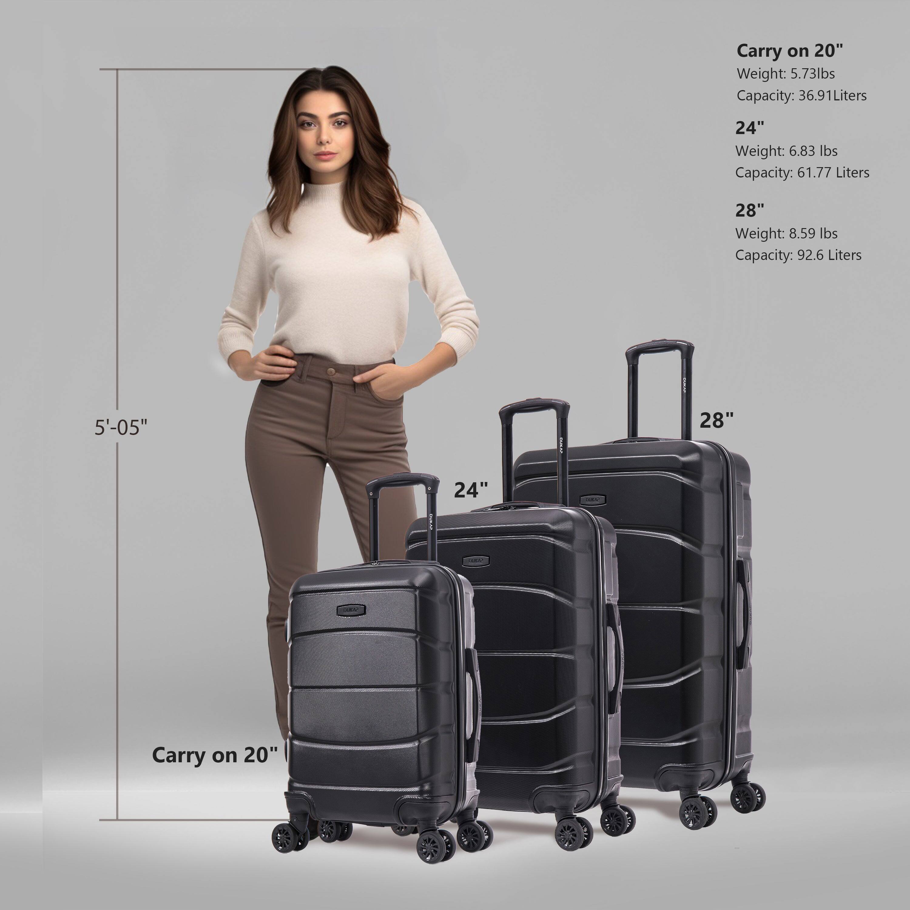 - Carry on 20"
  - Weight: 5.73 lbs
  - Capacity: 36.91 Liters

- 24"
  - Weight: 6.83 lbs
  - Capacity: 61.77 Liters

- 28"
  - Weight: 8.59 lbs
  - Capacity: 92.6 Liters

- 5'-05"