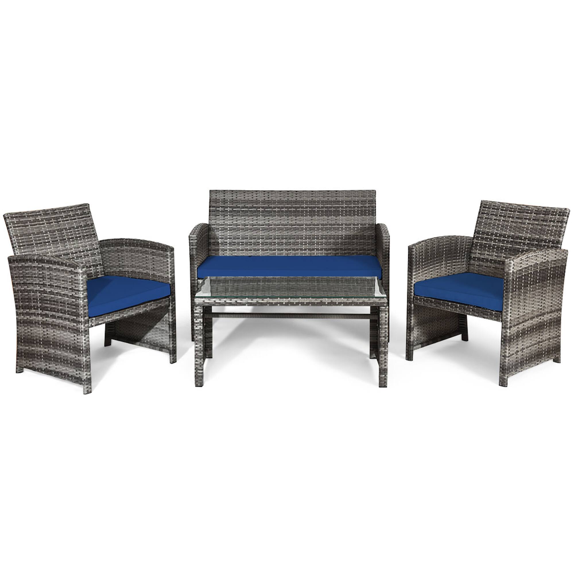 Alt View 1. Gymax - Gymax 4PCS Patio Outdoor Rattan Conversation Furniture Set w/ Navy Cushion - Navy.