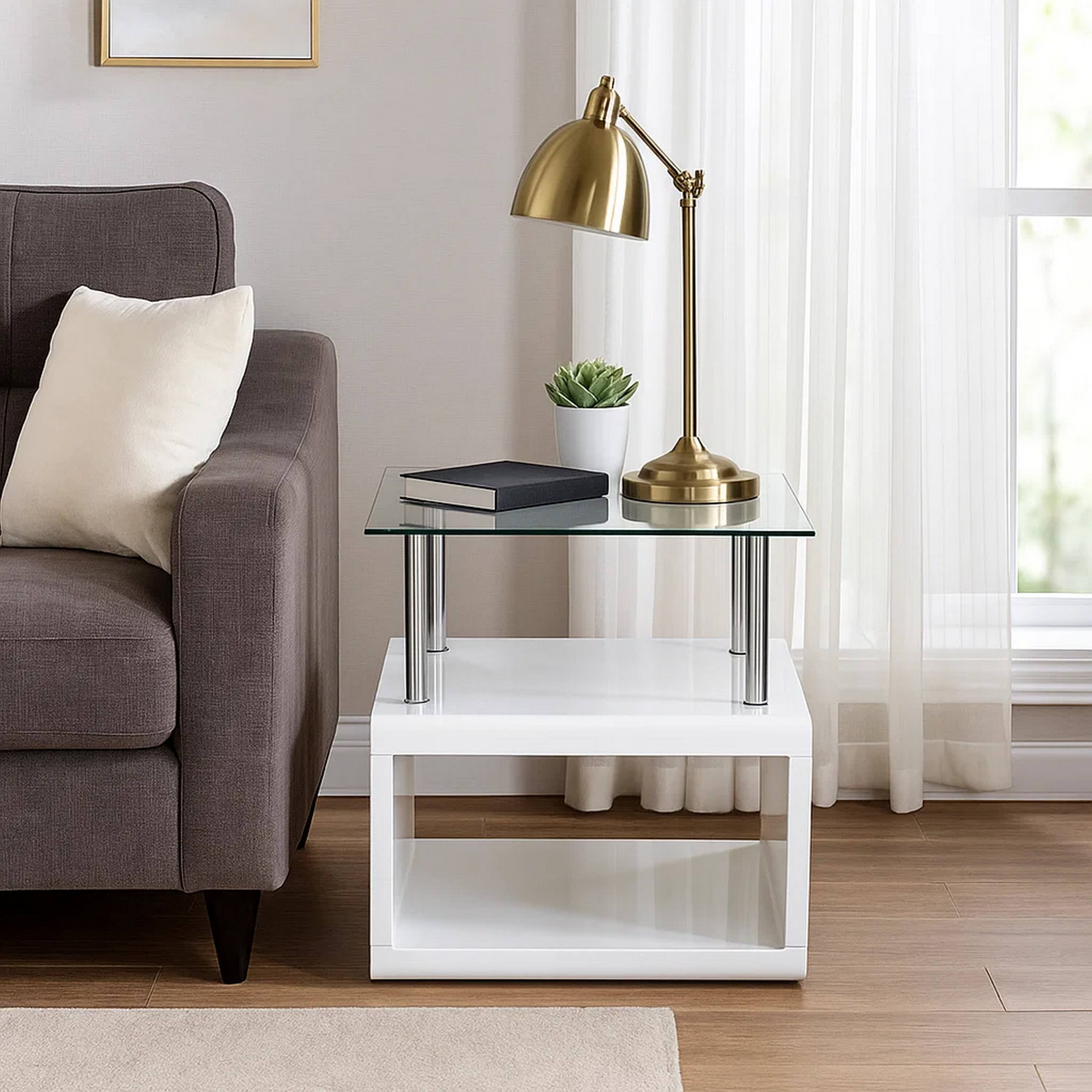 Alt View 6. Manhattan Lane - 24 Inch Square Accent End Table, Glass Top, Open Shelf - White, Chrome.