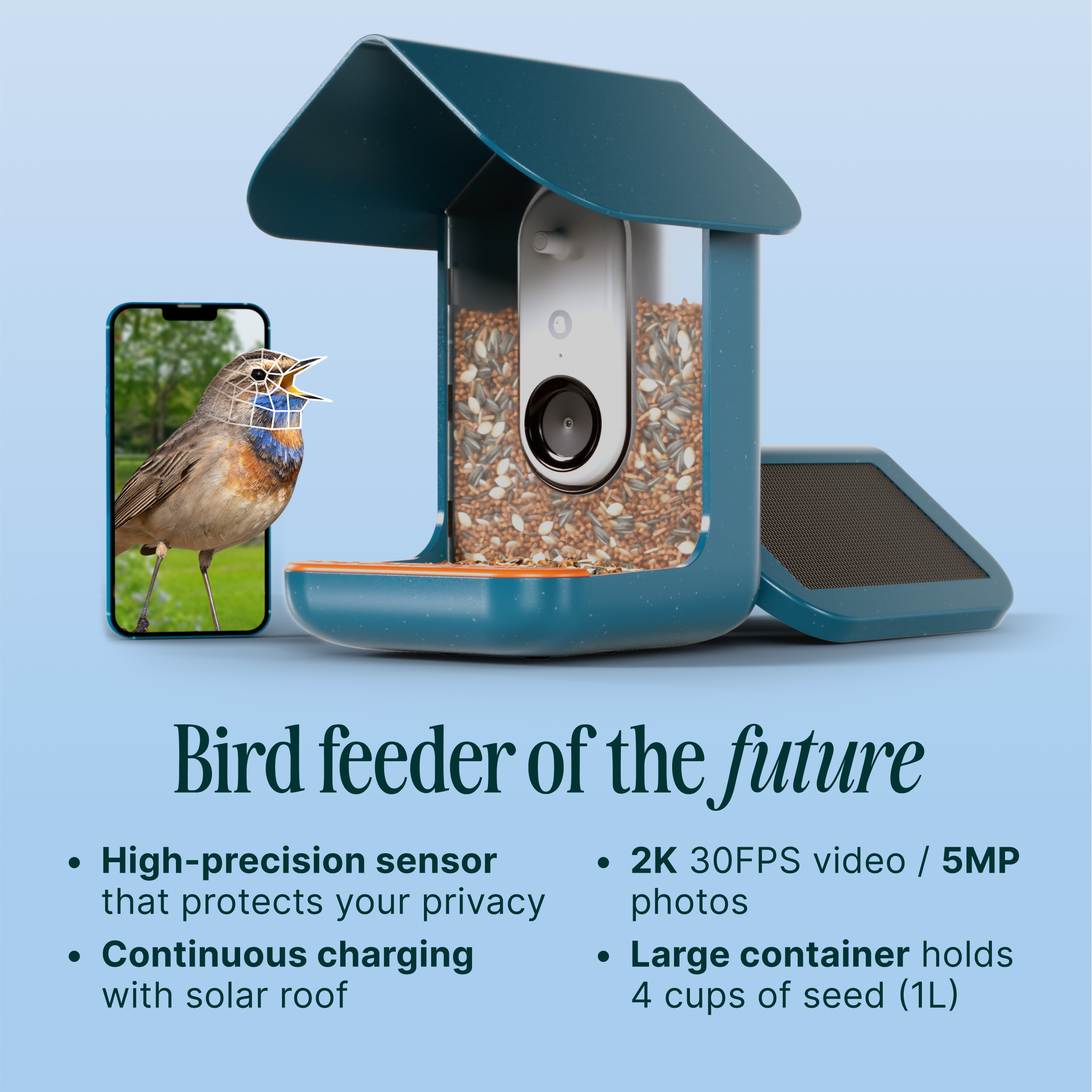 Bird feeder of the future: High-precision sensor that protects your privacy, 2K 30FPS video / 5MP photos, continuous charging, large container holds 4 cups of seed (1L) with solar roof.