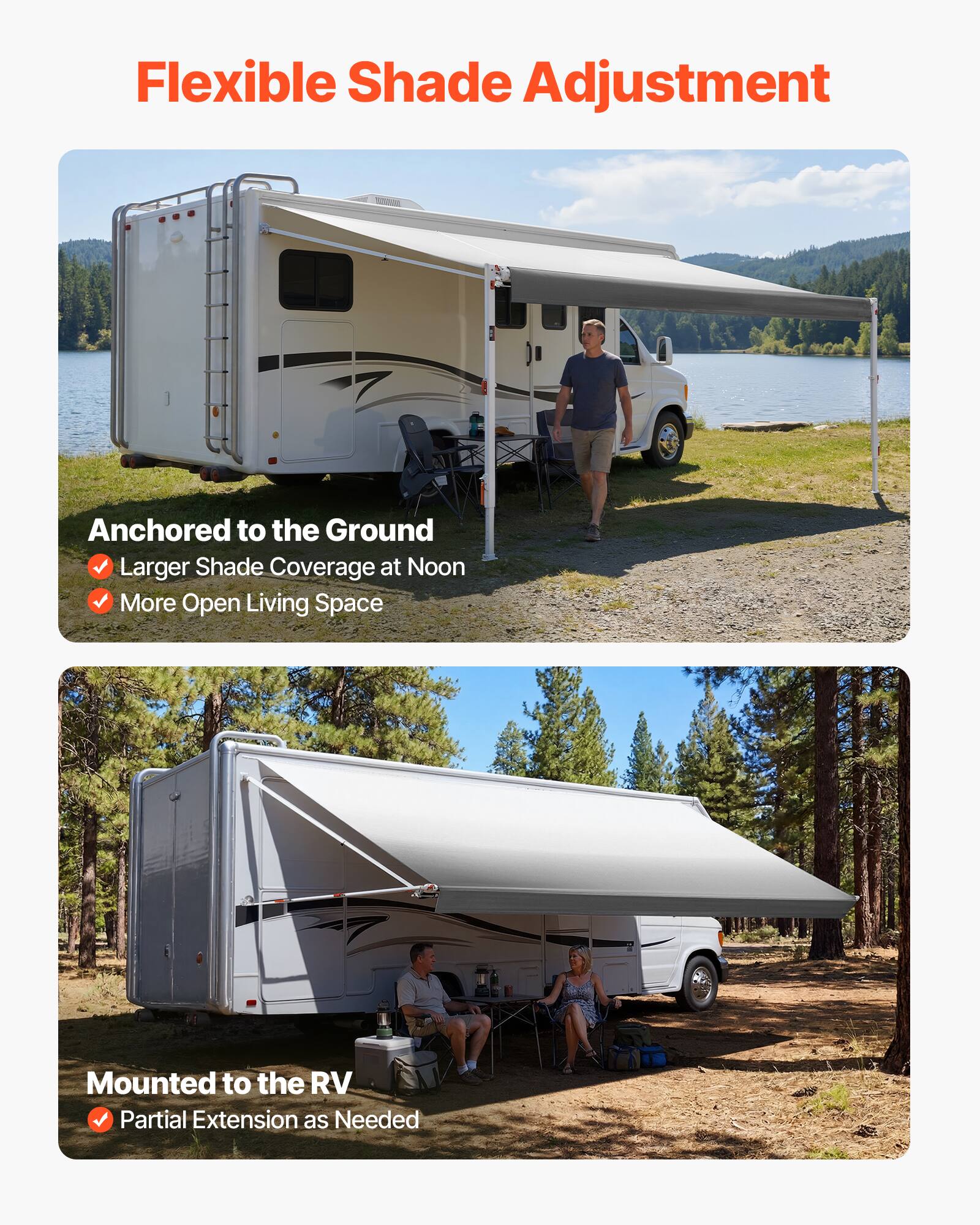 Flexible Shade Adjustment

- Anchored to the Ground
  - Larger Shade Coverage at Noon
  - More Open Living Space

- Mounted to the RV
  - Partial Extension as Needed