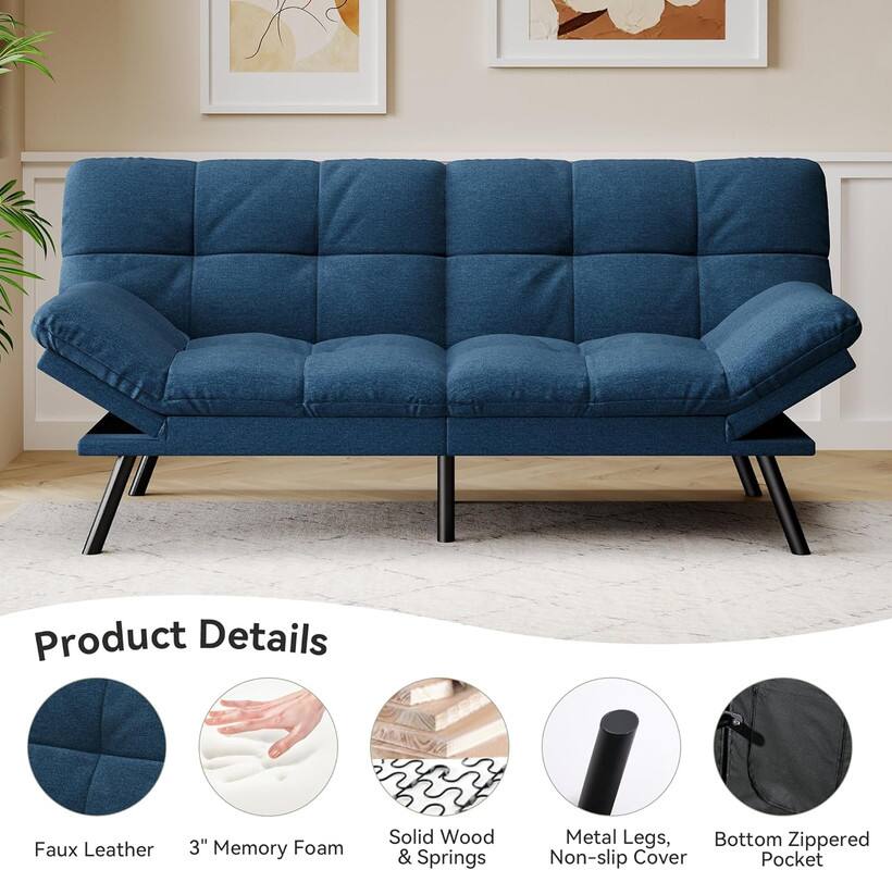 Product Details

- Faux Leather
- 3" Memory Foam
- Solid Wood & Springs
- Metal Legs, Non-slip Cover
- Bottom Zippered Pocket