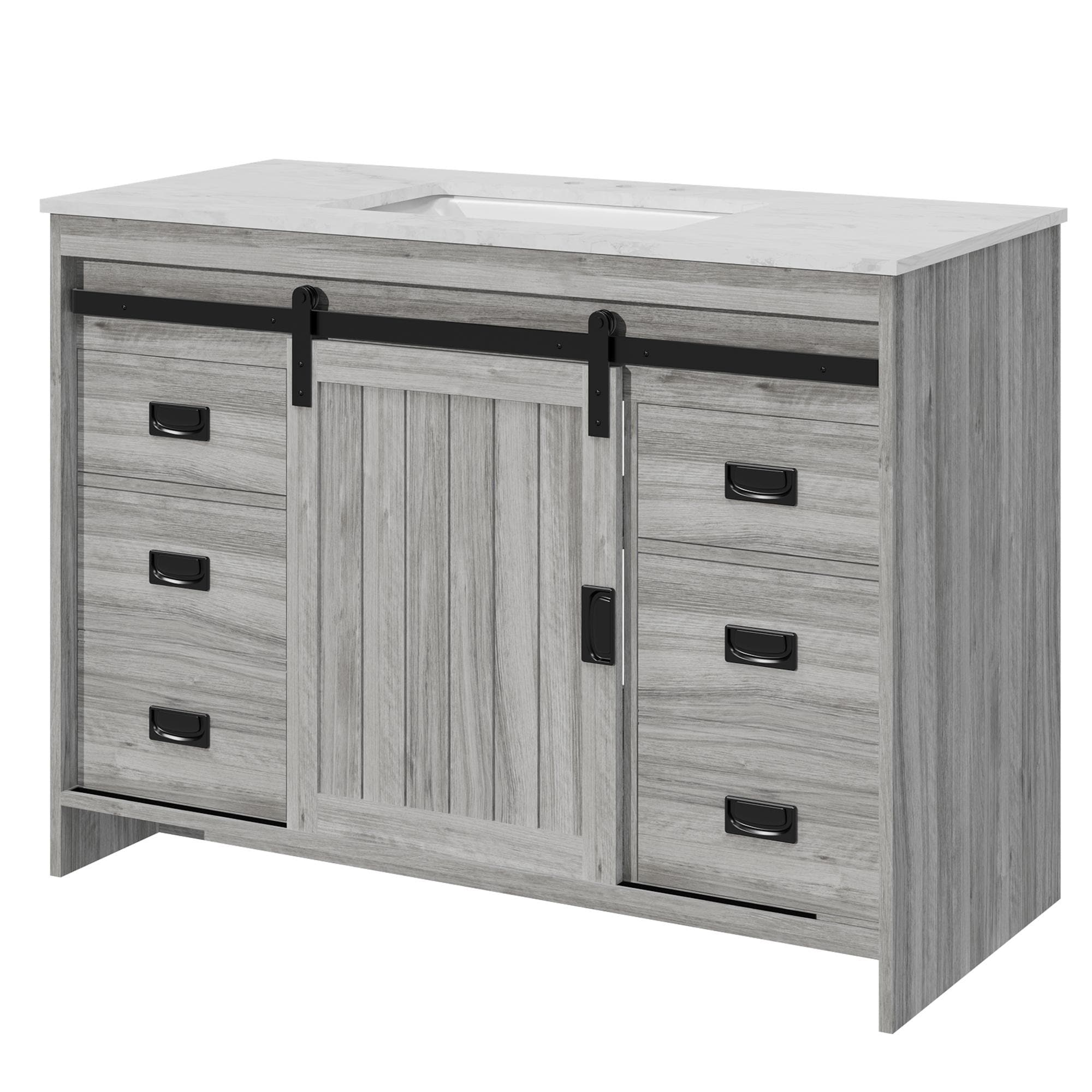 Alt View 7. U-HOMY - Farmhouse Bathroom Vanity with Ceramic Countertop, Sliding Barn Door and Storage Drawers for Organized Spaces - 48"- Grey.