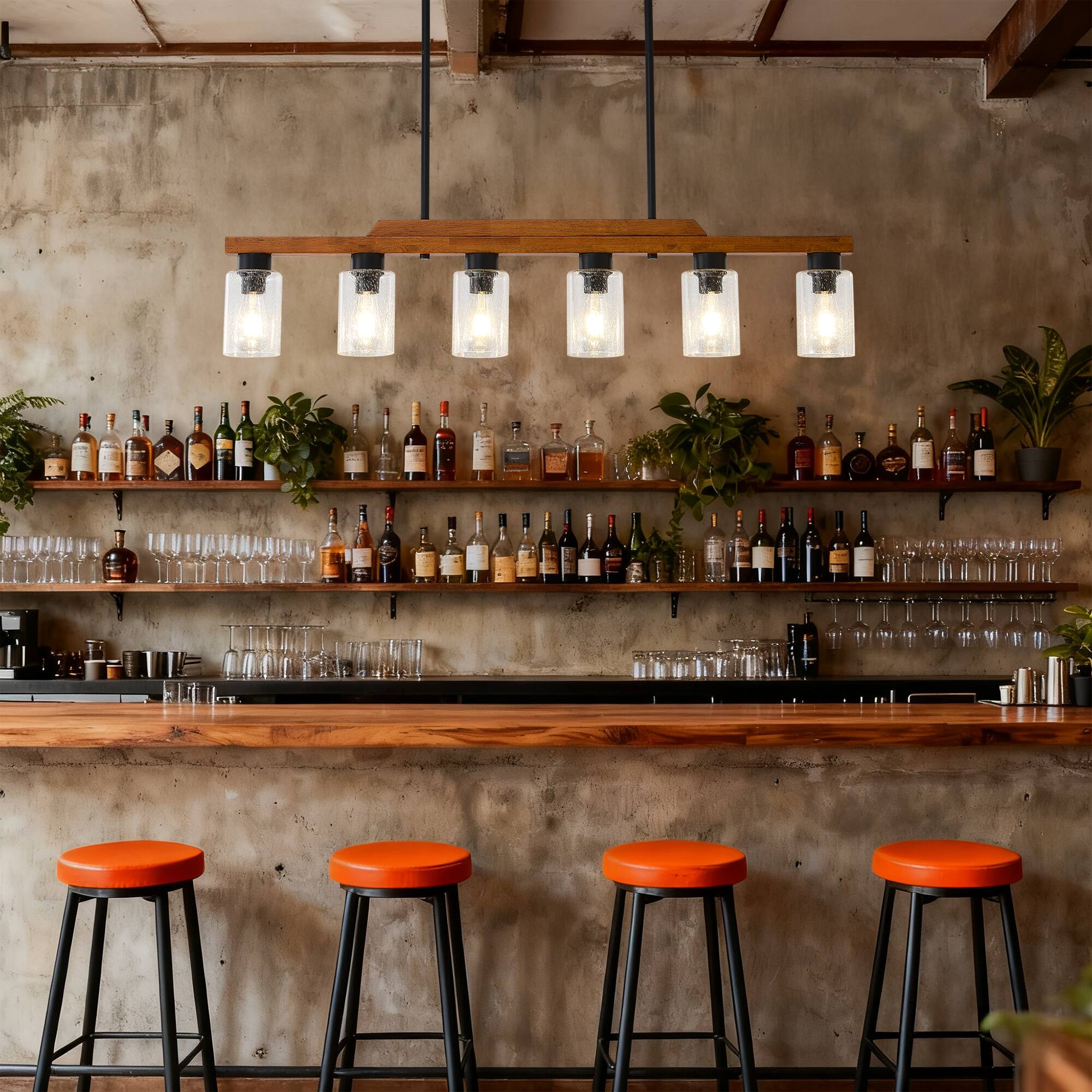 Angle. RYHNUYNE - 6-Light Rustic Chandelier 43 Inch Wood Linear Pendant Light with Seed Glass Shades Adjustable Farmhouse Island Lighting.