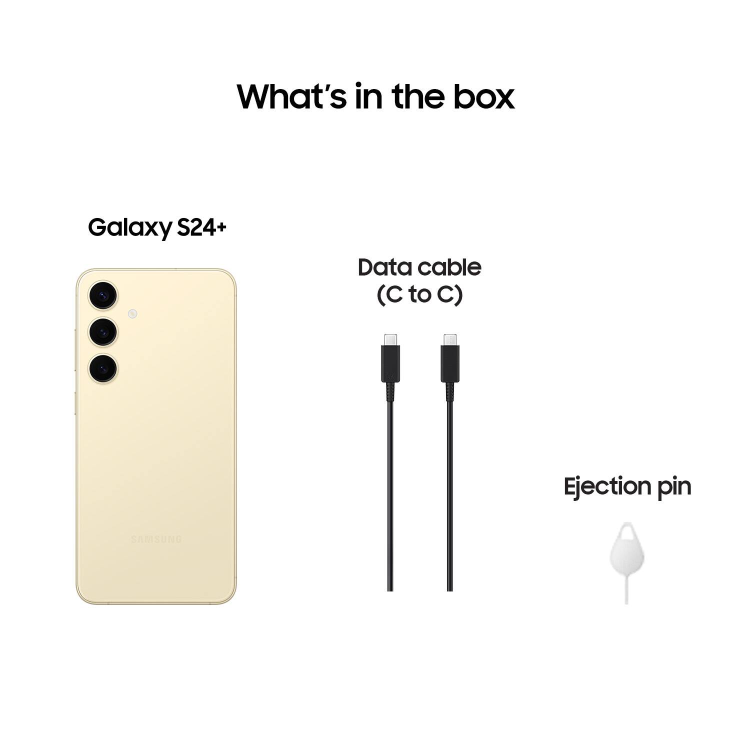 The image shows a box containing a Samsung Galaxy S24+ smartphone and a data cable. The box also includes an ejection pin for the phone. The data cable is a C to C type, which is used to connect the phone to a computer or other device for data transfer or charging.