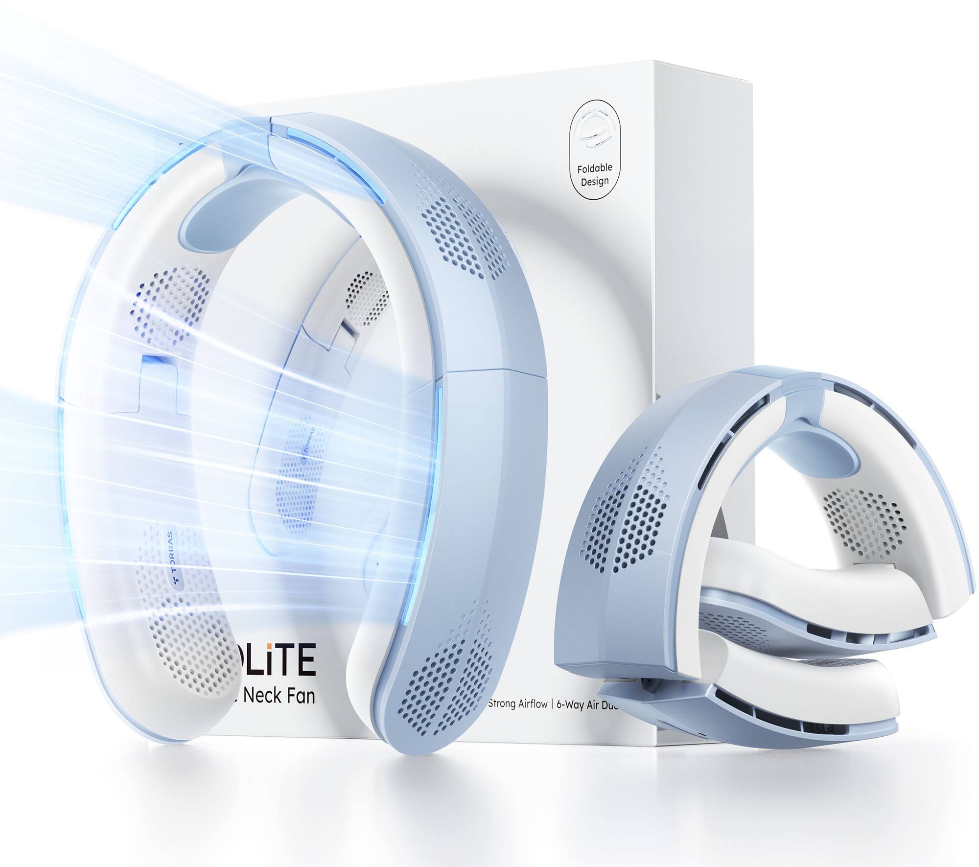 The text on the image reads "Foldable Design ORRAS LiTE Neck Fan Strong Airflow | 6-Way Air Direction."