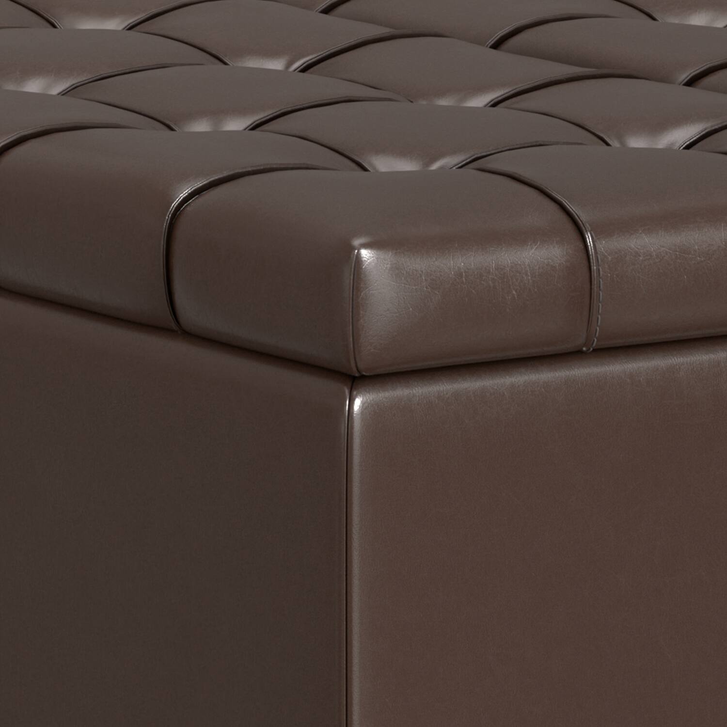 Alt View 8. Simpli Home - Harrison 30 inch Transitional Square Small Coffee Table Storage Ottoman in Chocolate Brown Vegan Faux Leather, Assembled - Chocolate Brown.