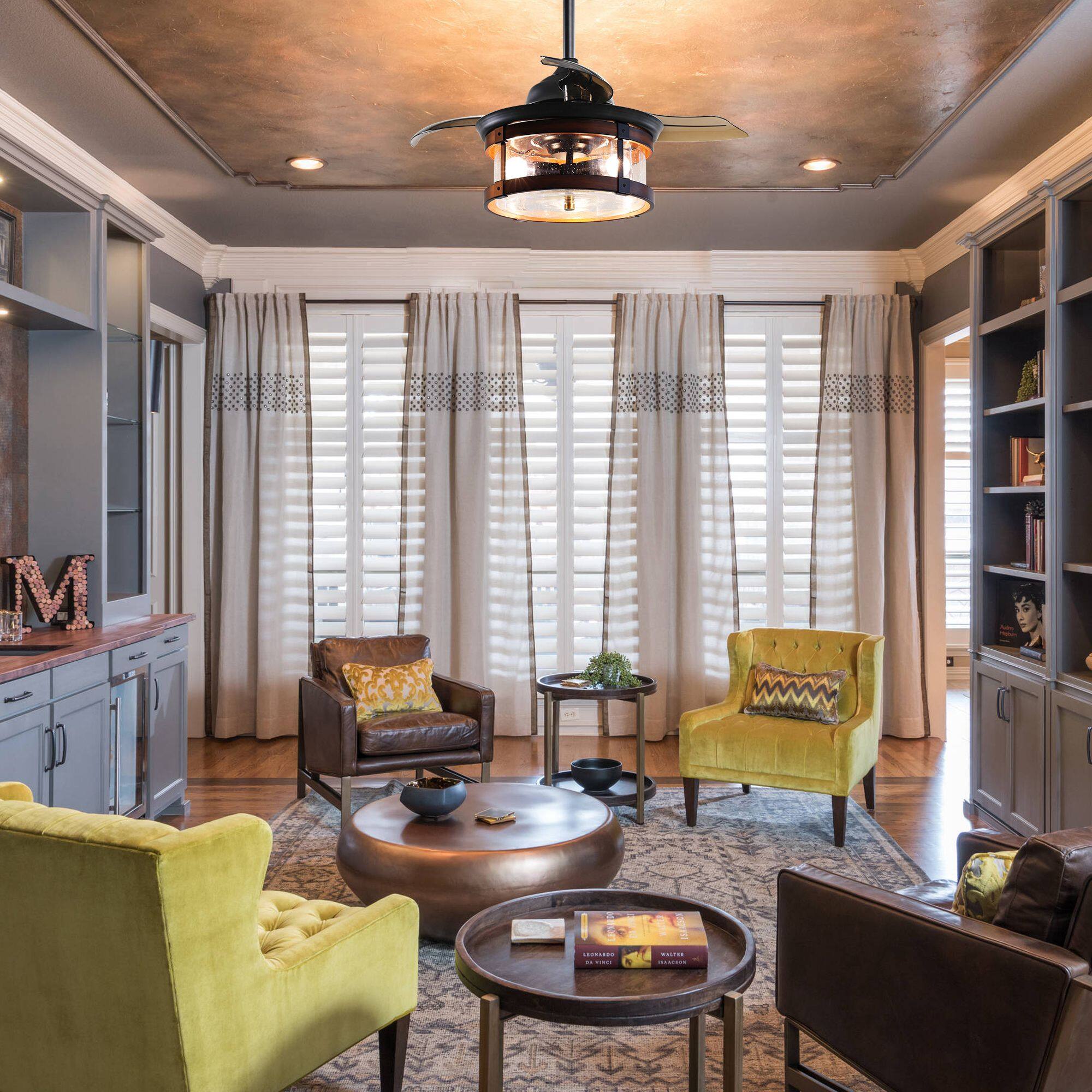 Left. Parrot Uncle - 36" Industrial Retractable 3-Blade Ceiling Fan Chandelier with Remote - Matte Black.