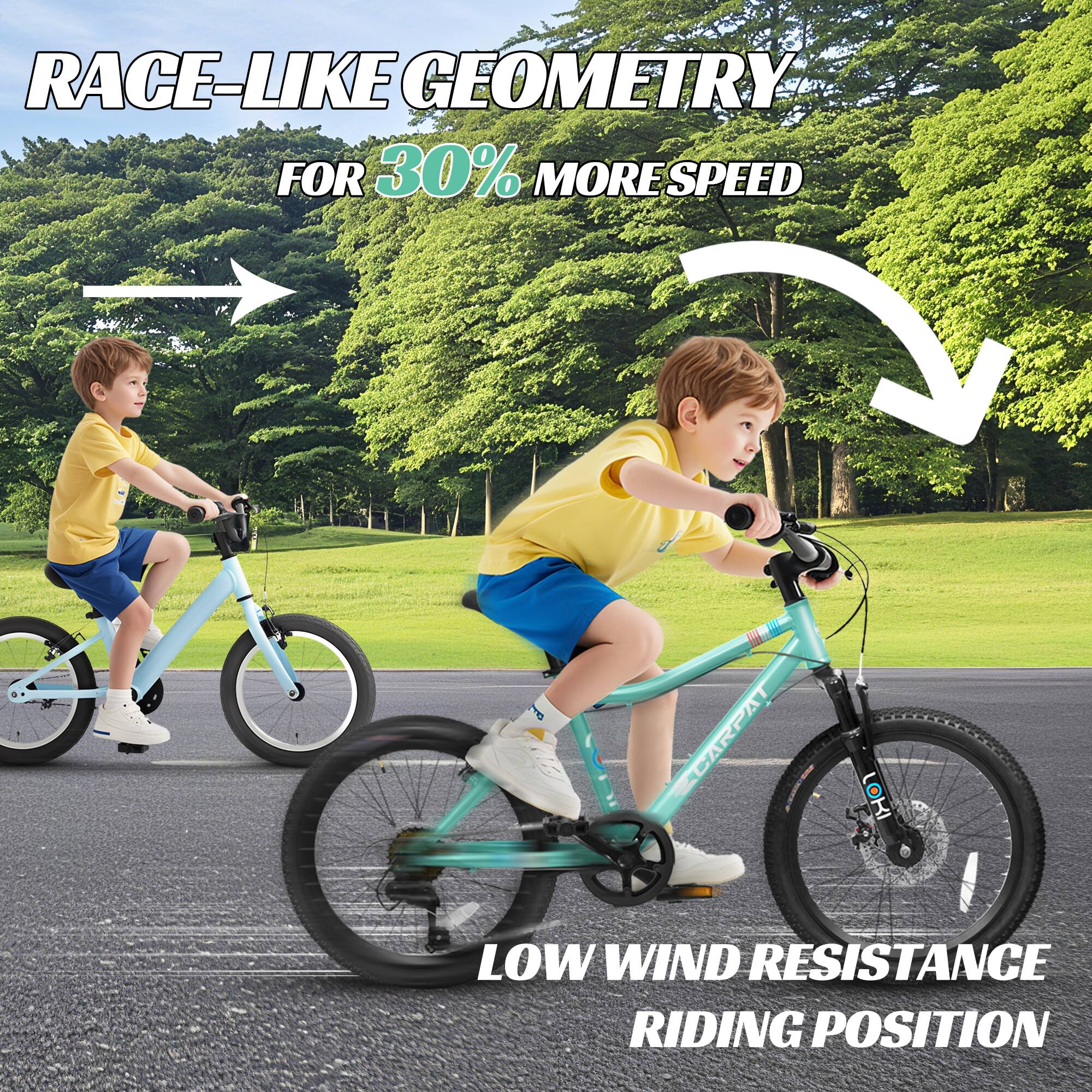 RACE-LIKE GEOMETRY  
FOR 30% MORE SPEED  

LOW WIND RESISTANCE RIDING POSITION