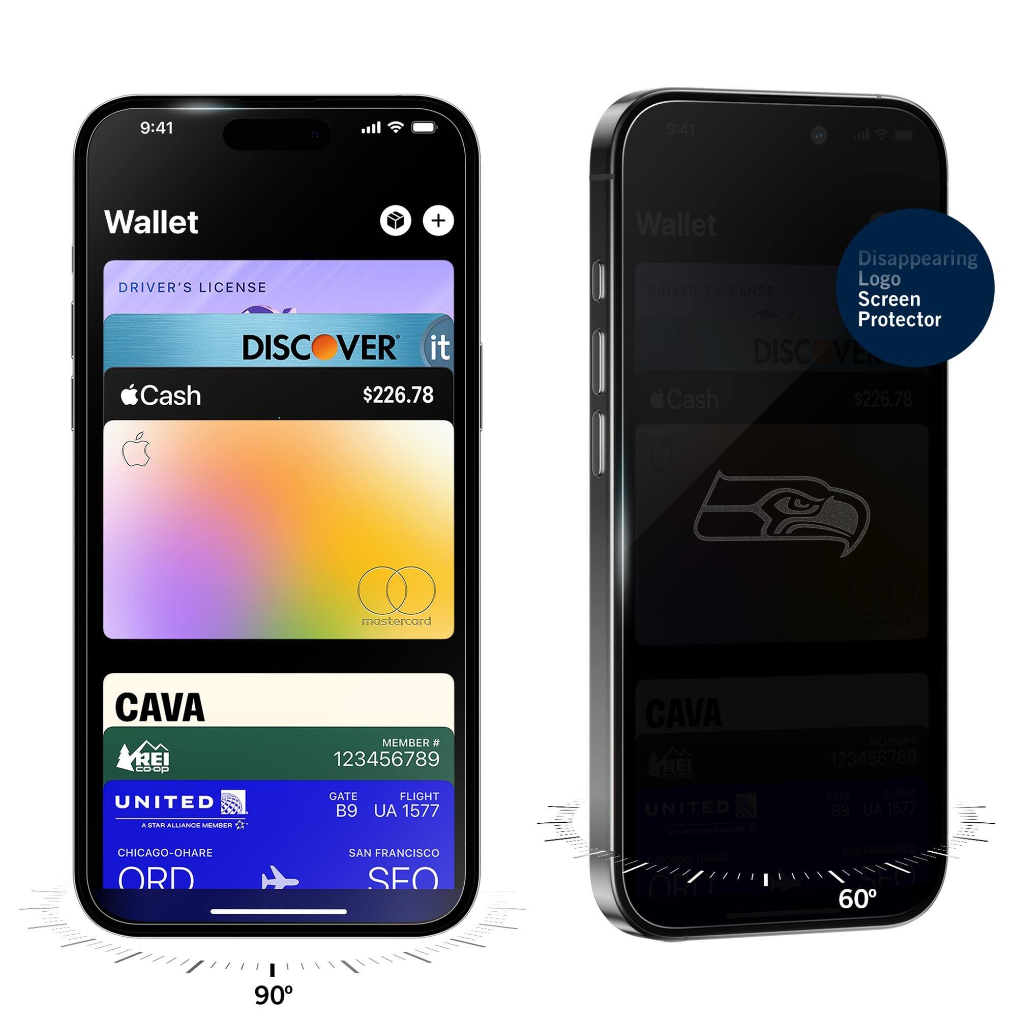 9:41  
Wallet + DRIVER'S LICENSE DISCOVER it Cash $226.78  
Wallet Disappearing Logo DRIVER'S LICENSE Screen Protector DISCOVER Cash $226.78  
mastercard  
CAVA REI coop  
MEMBER # 123456789  
CAVA REI coop  
MEMBER# 123456789  
UNITED & STAR ALUANCE MEMBER  
GATE FLIGHT B9 UA 1577  
UNITED  
GATE B9  
FLIGHT AU 1577  
CHICAGO-OHARE ORD  
SAN FRANCISCO SFO