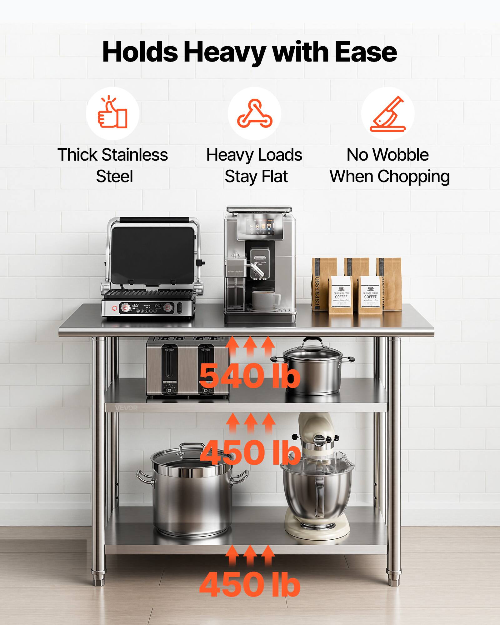 Holds Heavy with Ease  
Thick Stainless Steel  
Heavy Loads Stay Flat  
No Wobble When Chopping  

ESPRESSO T : : COme : COMRIC 540 b VEVOR  
450 lb  
450 lb