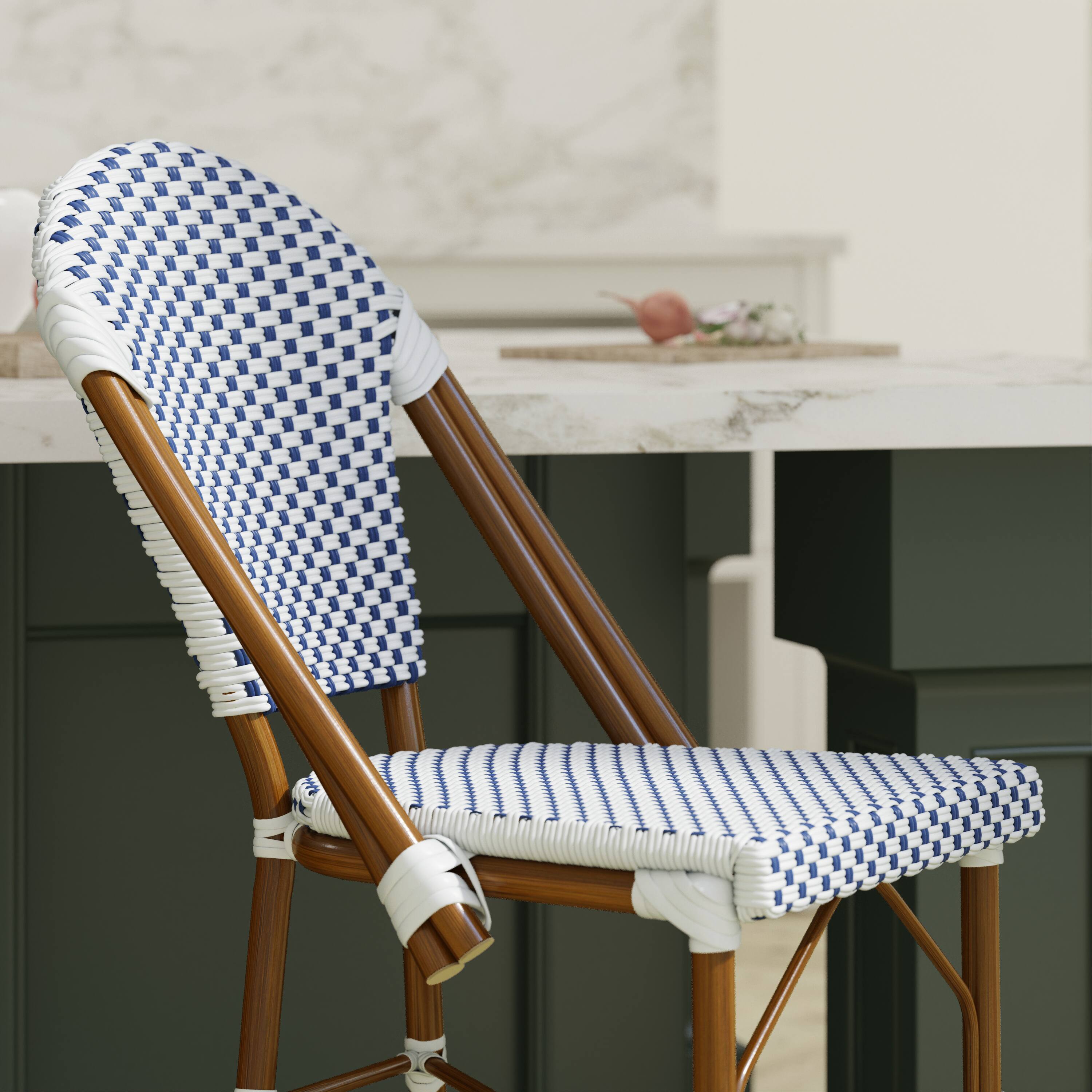 Alt View 4. Emma + Oliver - Colmar Set of Two Indoor/Outdoor 26" High Stacking Bistro Counter Stools with Patterned Seat and Back and Metal Frames - White & Navy/Natural Frame.