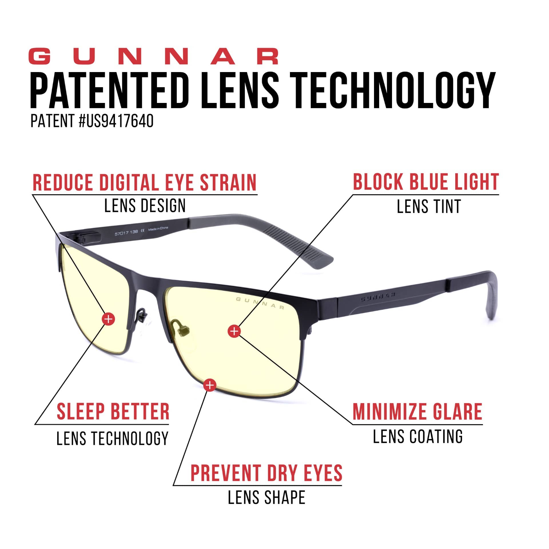 GUNNAR Patented Lens Technology Patent #US9417640 Reduce Digital Eye Strain Lens Design Block Blue Light Lens Tint D - + GUNNAR + G9 Sleep Better Lens Technology + Minimize Glare Lens Coating Prevent Dry Eyes Lens Shape