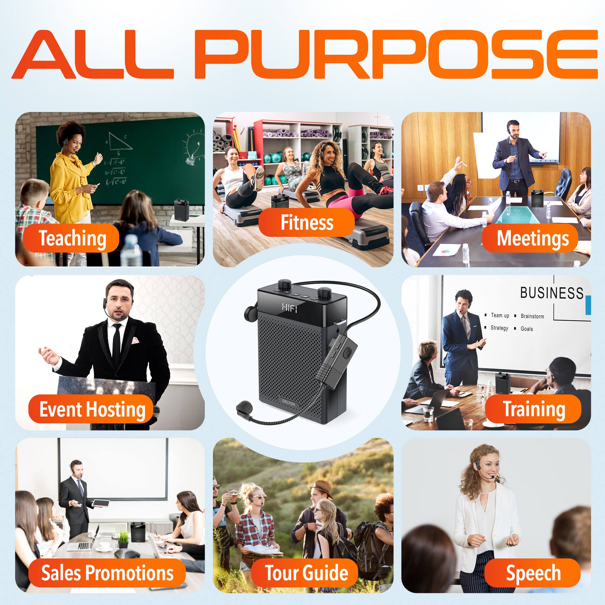 ALL PURPOSE ON 7

Teaching
Fitness
Meetings
Event Hosting
Training
Sales Promotions
Tour Guide
Speech

BUSINESS
Team
Brainstorm
Strategy
Goals