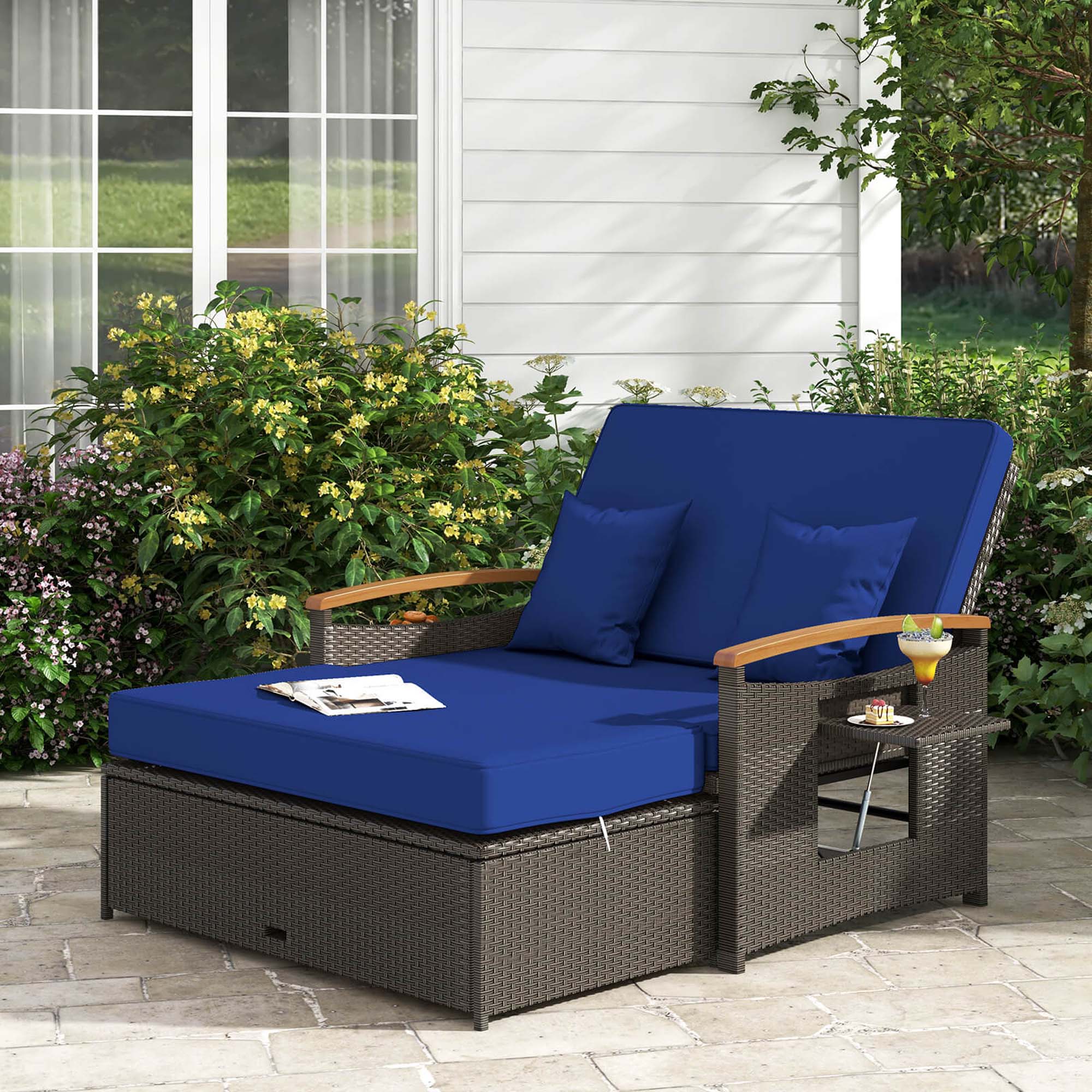 Alt View 4. Costway - Patio Rattan Daybed Set with Cushioned Loveseat & Storage Ottoman for Porch - Navy + Mix Brown.