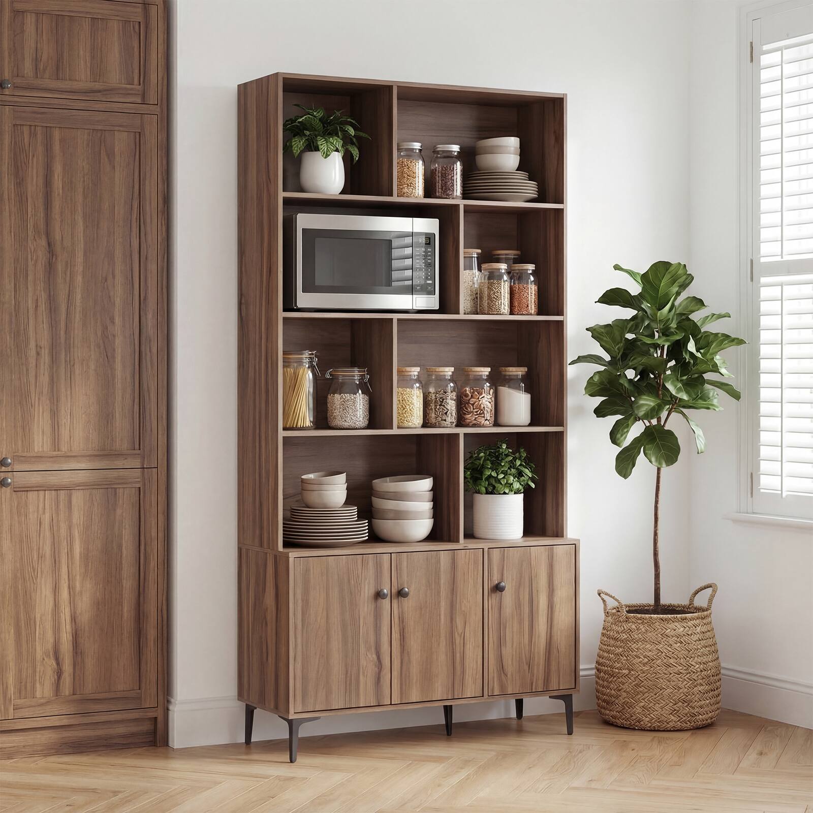 Alt View 4. Gymax - Gymax Bookshelf w/ Doors 5-Tier Floor Standing Bookcase w/ 2 Anti-Tipping Kits Walnut - Brown.