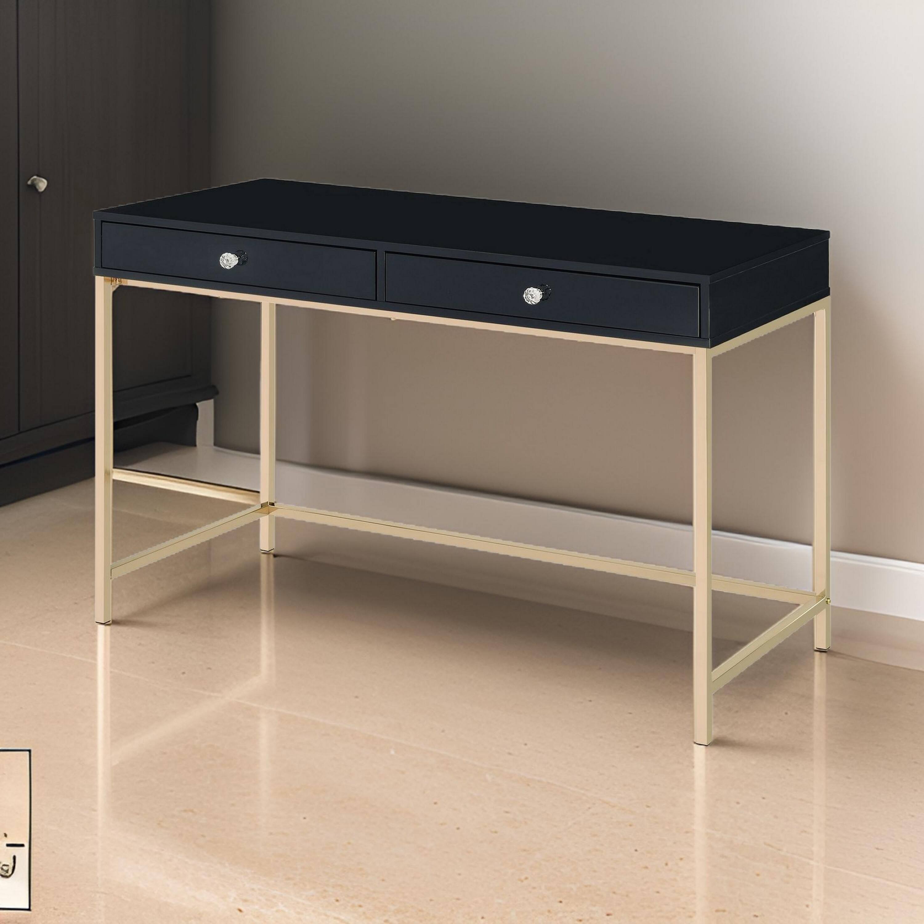 Alt View 2. Manhattan Lane - Writing Desk with 2 Storage Compartments, Black and Gold - Black, Gold.