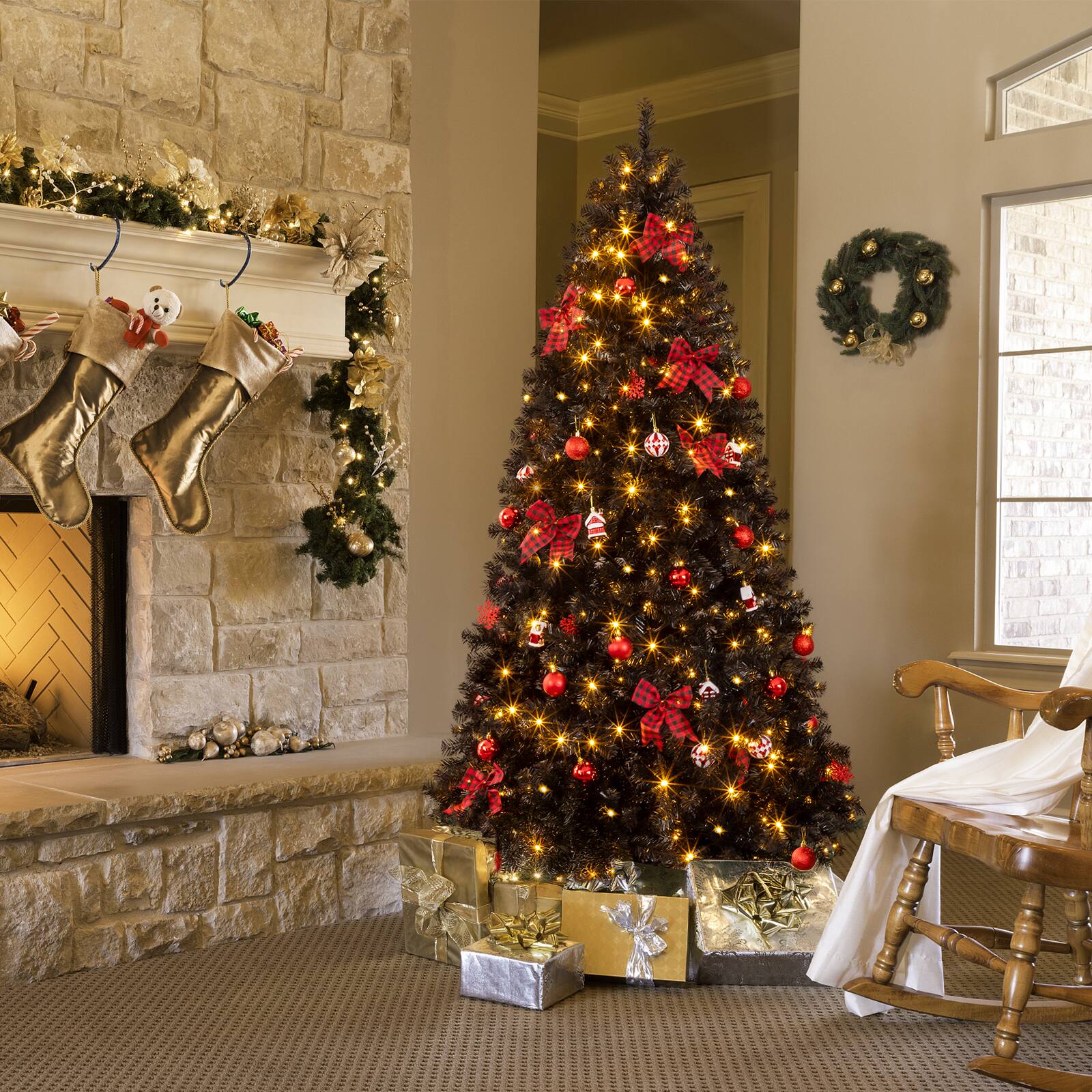 Front. VAVSEA - 7.5 ft Black Christmas Tree Pre-Lit with 350 LED Lights, Hinged Artificial Xmas Tree with Skirt & Red Ornaments - Black.