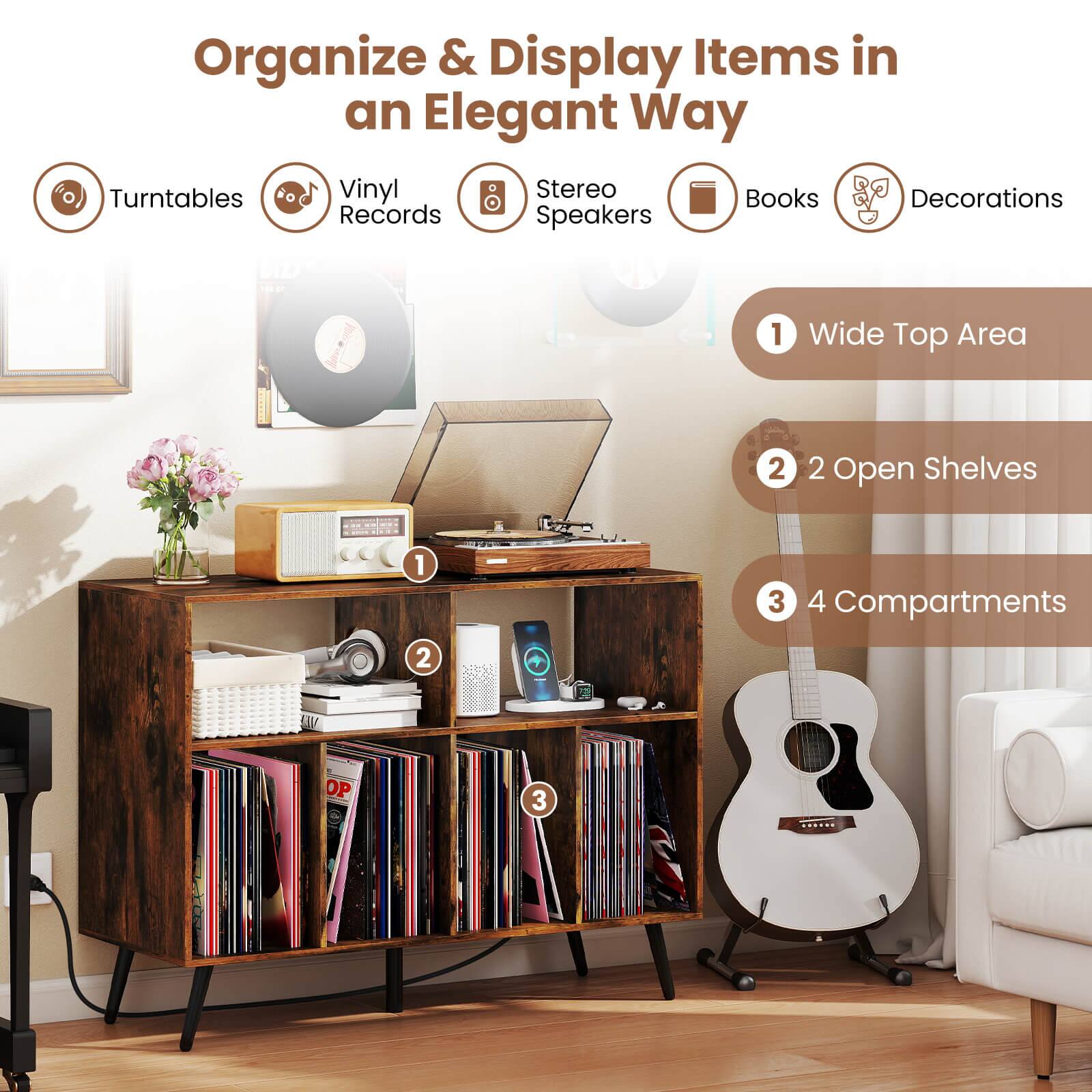 Organize & Display Items in an Elegant Way

- Turntables
- Vinyl Records
- Stereo Speakers
- Books
- Decorations

1. Wide Top Area
2. 2 Open Shelves
3. 4 Compartments