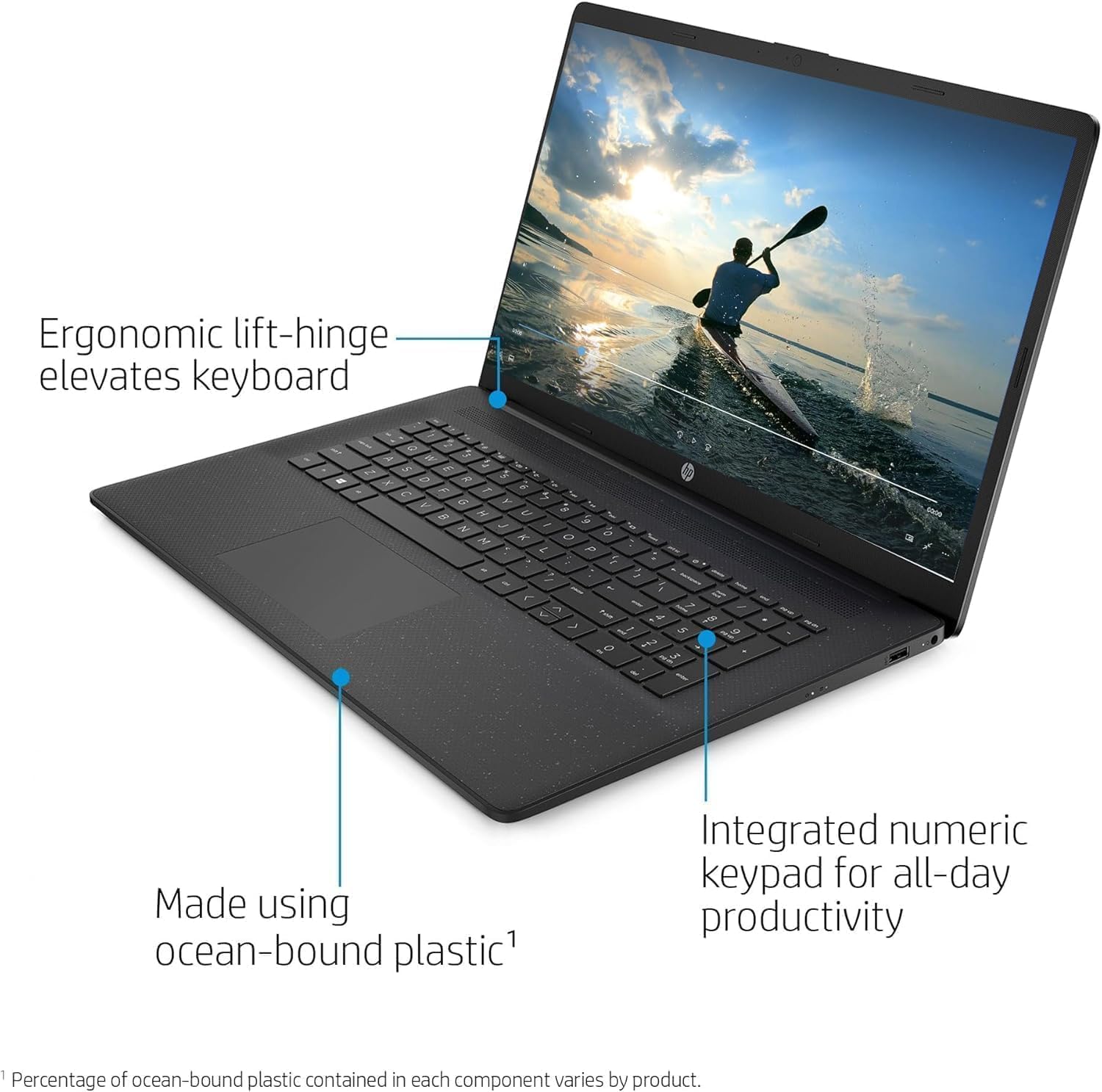 Ergonomic lift-hinge elevates keyboard

Made using ocean-bound plastic¹

Integrated numeric keypad for all-day productivity

¹Percentage of ocean-bound plastic contained in each component varies by product.
