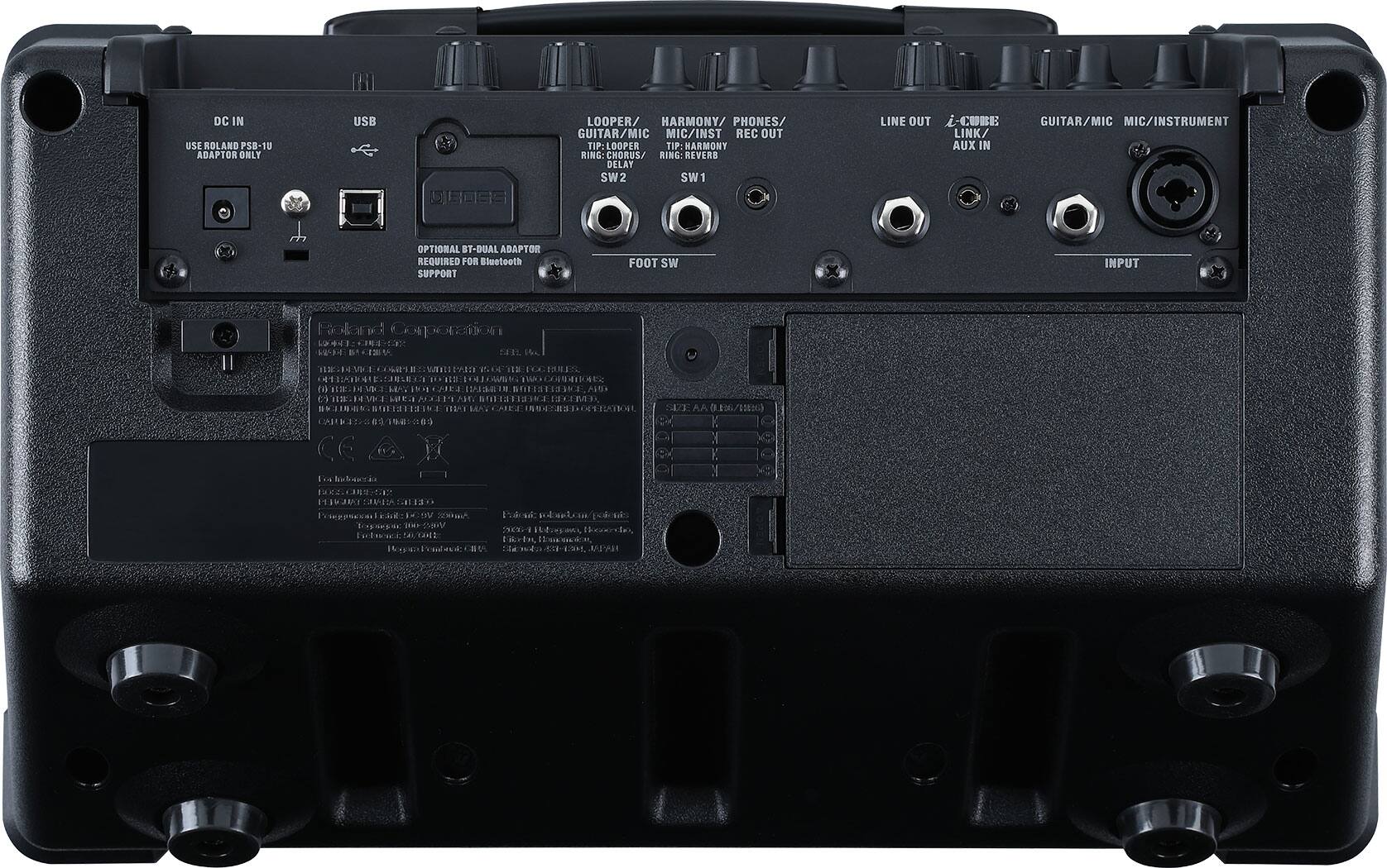 DC IN  
USE ROLAND PSB-1U ADAPTOR ONLY  

USB  

LOOPER/ GUITAR/MIC  
TIP: LOOPER  
RING: CHORUS/DELAY  

HARMONY/ PHONES/ REC OUT  
TIP: HARMONY  
RING: REVERB  

LINE OUT - CUBE LINK  

AUX IN  

GUITAR/MIC MIC/INSTRUMENT  

OPTIONAL BT-DUAL ADAPTOR REQUIRED FOR Bluetooth SUPPORT  

FOOT SW  

Roland Corporation  
MODEL: HS-500  
SERIAL NO: [SERIAL NUMBER]  

CE  
[Various certification symbols]  

For information:  
Roland Corporation  
2-1-10, Nagatacho 1-chome, Minato-ku, Tokyo 108-8666, Japan  
Tel: +81-3-3477-7777  
Fax: +81-3-3477-7788  

Made in China  
Model No: HS-500  
Input Voltage: 100-240V AC, 50/60Hz  
Power Consumption: 12V DC 2