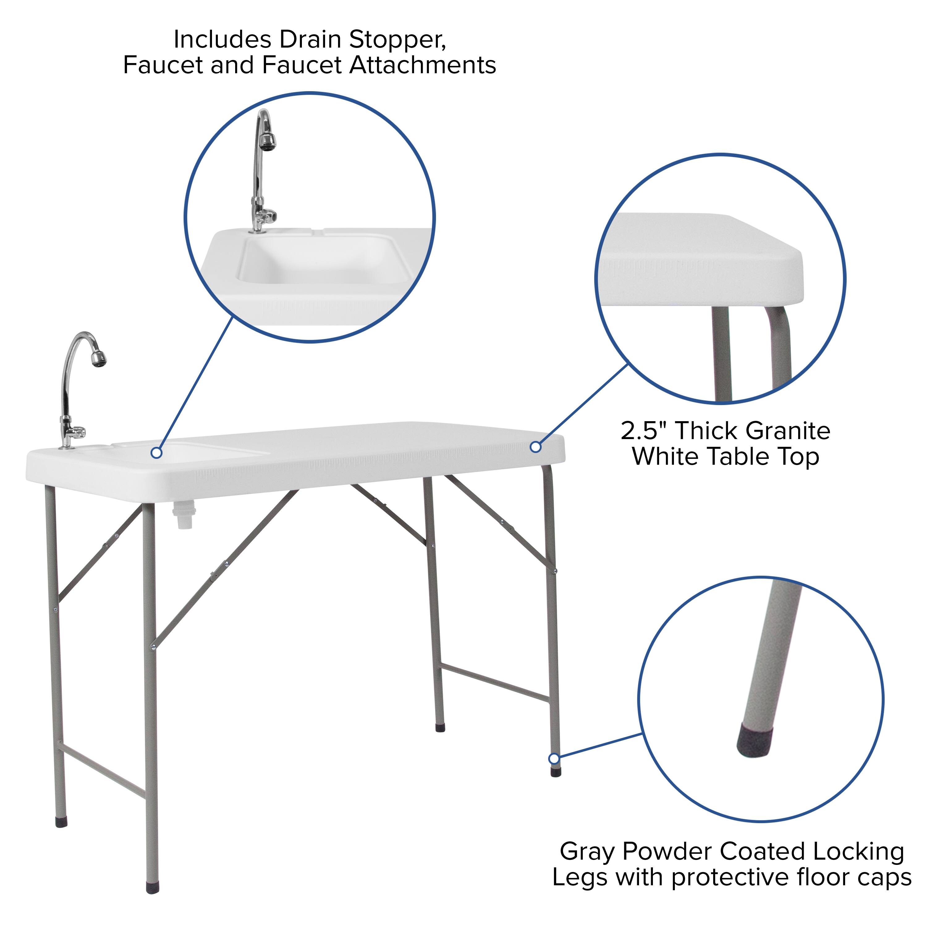 Includes Drain Stopper, Faucet and Faucet Attachments

2.5" Thick Granite White Table Top

Gray Powder Coated Locking Legs with protective floor caps
