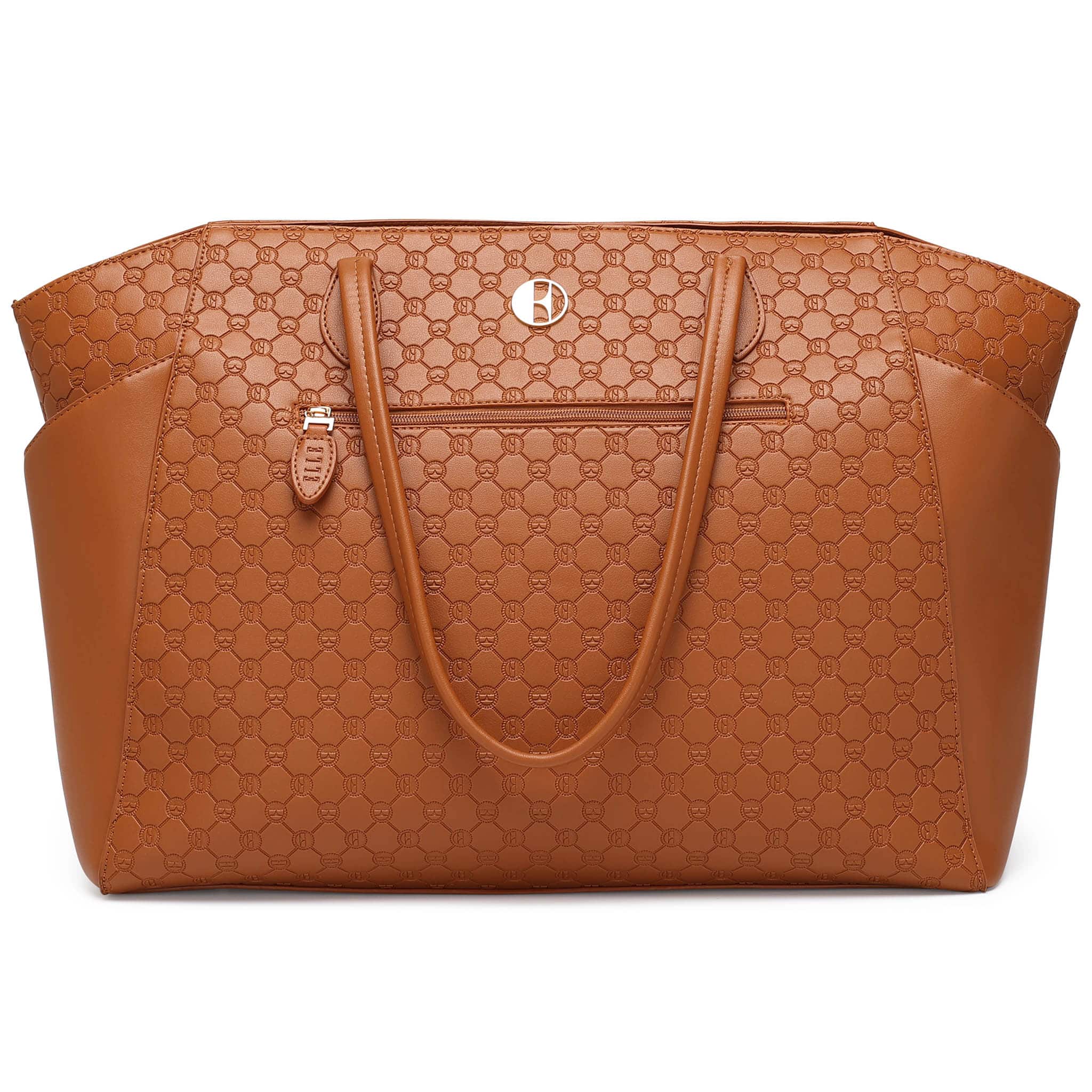 Front. Elle - ELLE Compass 32L Vegan Leather Monogram Weekender Duffel Bag | Brown - Brown.