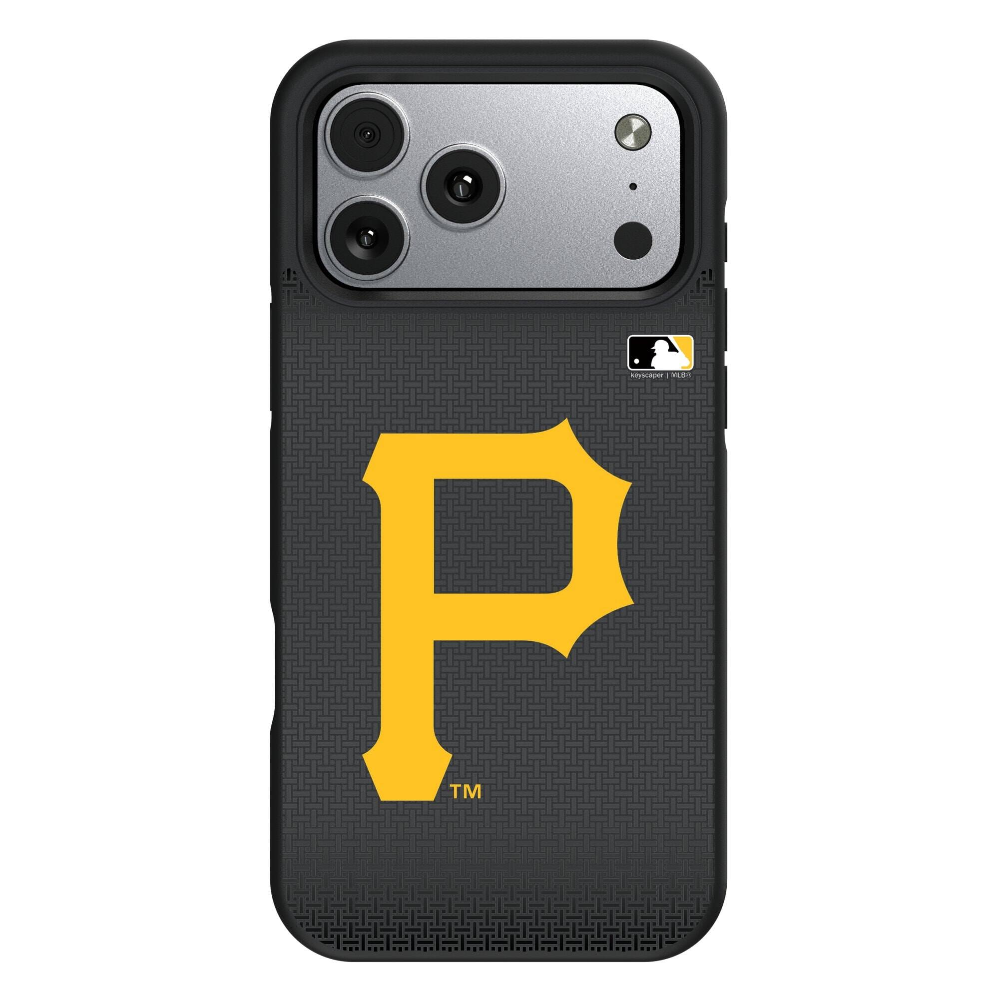 Front. Keyscaper - Pittsburgh Pirates Linen Logo iPhone Bump Case - 14 Pro - Black.
