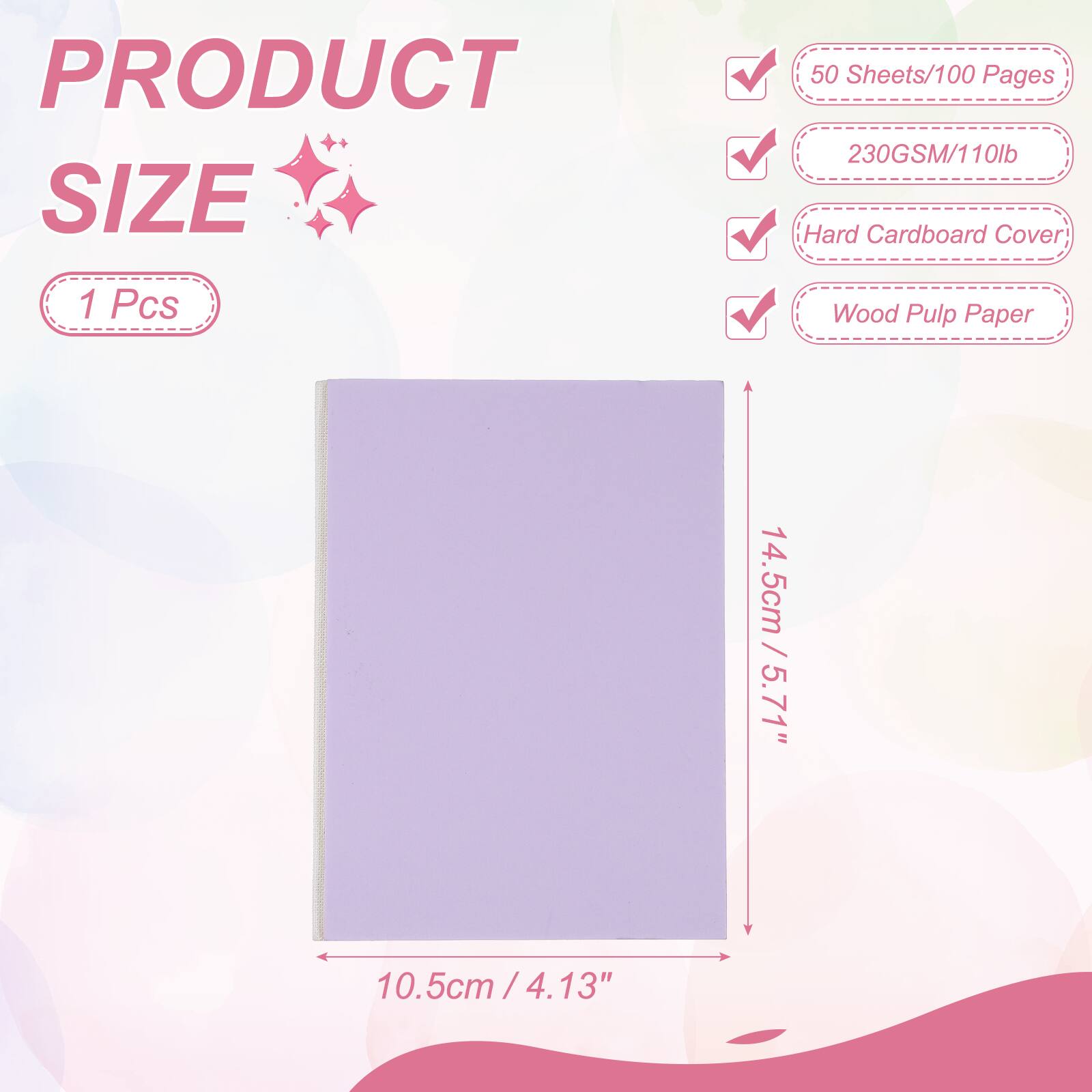 PRODUCT SIZE

50 Sheets/100 Pages  
230GSM/110 lb  
Hard Cardboard Cover  
1 Pcs  
Wood Pulp Paper  

14.5cm / 5.71"  
10.5cm / 4.13"