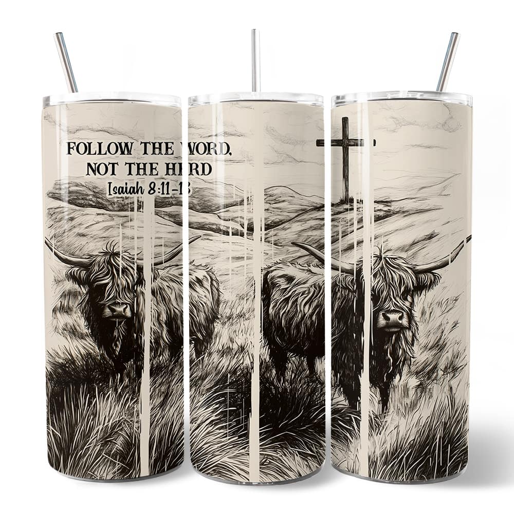 OrnamentallyYou - Follow the Word Not the Herd Highland Cow 20oz Tumbler With Stainless Steel Straw - Multicolored