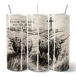 OrnamentallyYou - Follow the Word Not the Herd Highland Cow 20oz Tumbler With Stainless Steel Straw - Multicolored