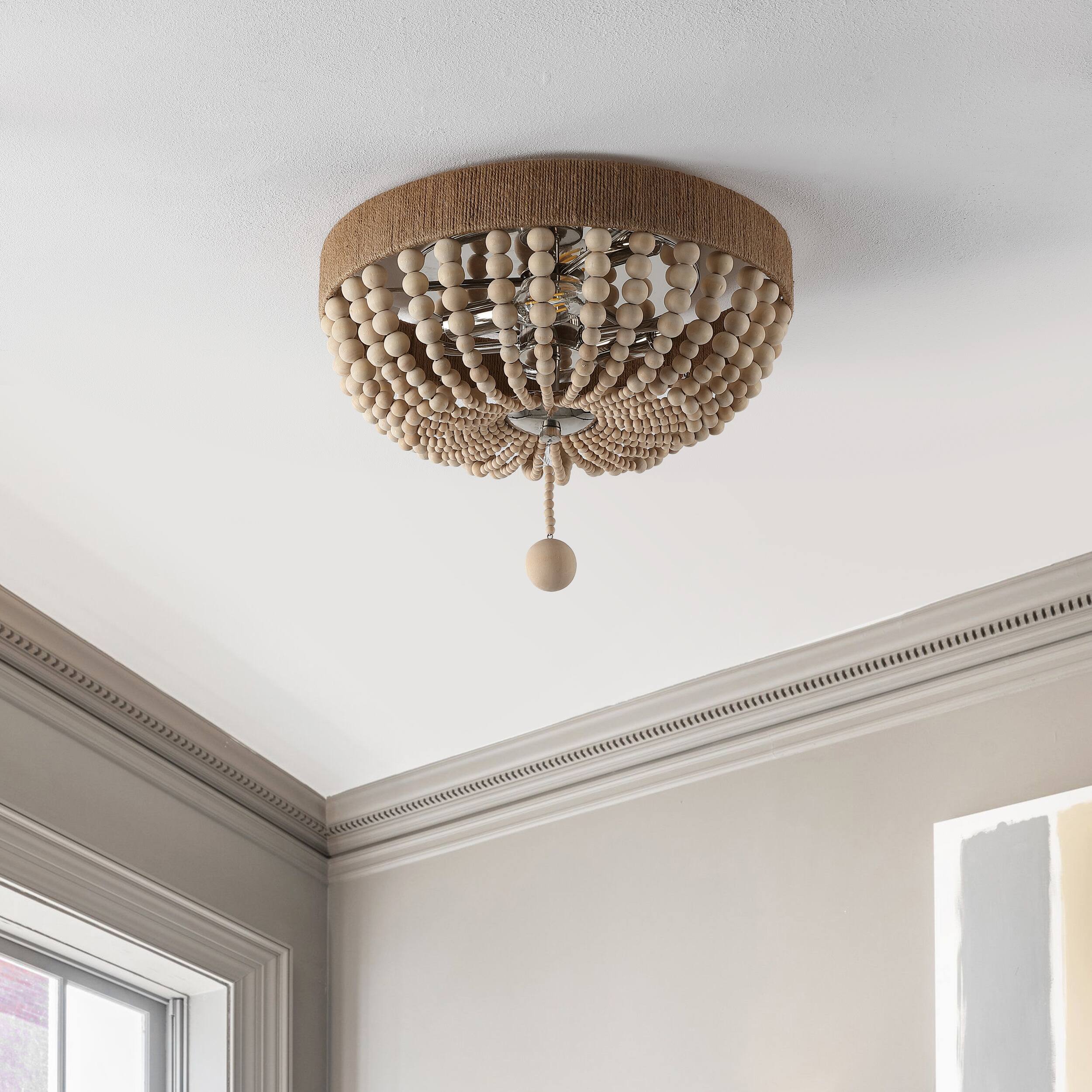 Alt View 5. Jonathan Y - Justina Wood Bead 14" 2-Light Farmhouse Bohemian Iron LED Flush Mount, Light Taupe/Chrome - Light Taupe.