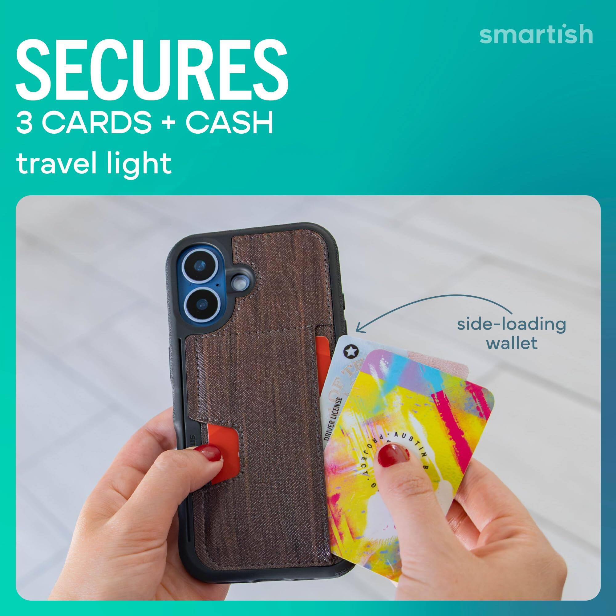 SECURES 3 CARDS + CASH travel light  
smartish  
side-loading wallet  
AUSTIN CHOCONG