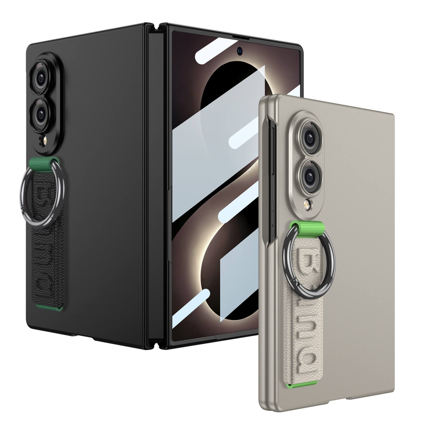 Angle. Dteck - Slim Case for Samsung Galaxy Z Fold8,Built-in Screen Protector with PU Leather Wristband Grip Ring,Rugged PC Back Cover - Silver.