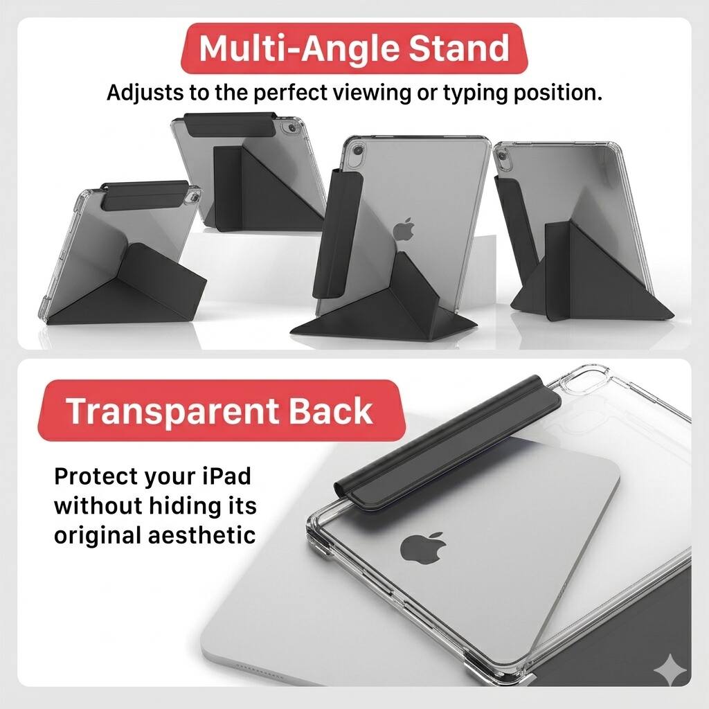 Multi-Angle Stand  
Adjusts to the perfect viewing or typing position.

Transparent Back  
Protect your iPad without hiding its original aesthetic.